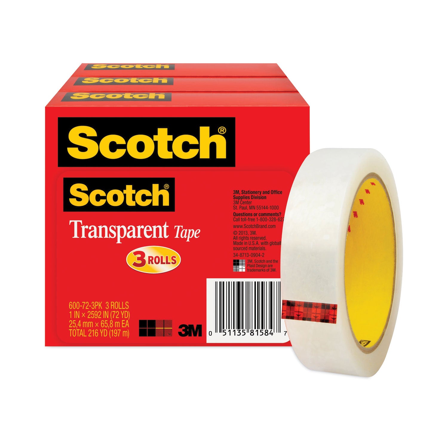 72 yd Length x 1" Width - 3" Core - Clear - Long Lasting, Moisture Resistant, Stain Resistant - For Sealing, Label Protection, Wrapping, Mending - 1 Pack