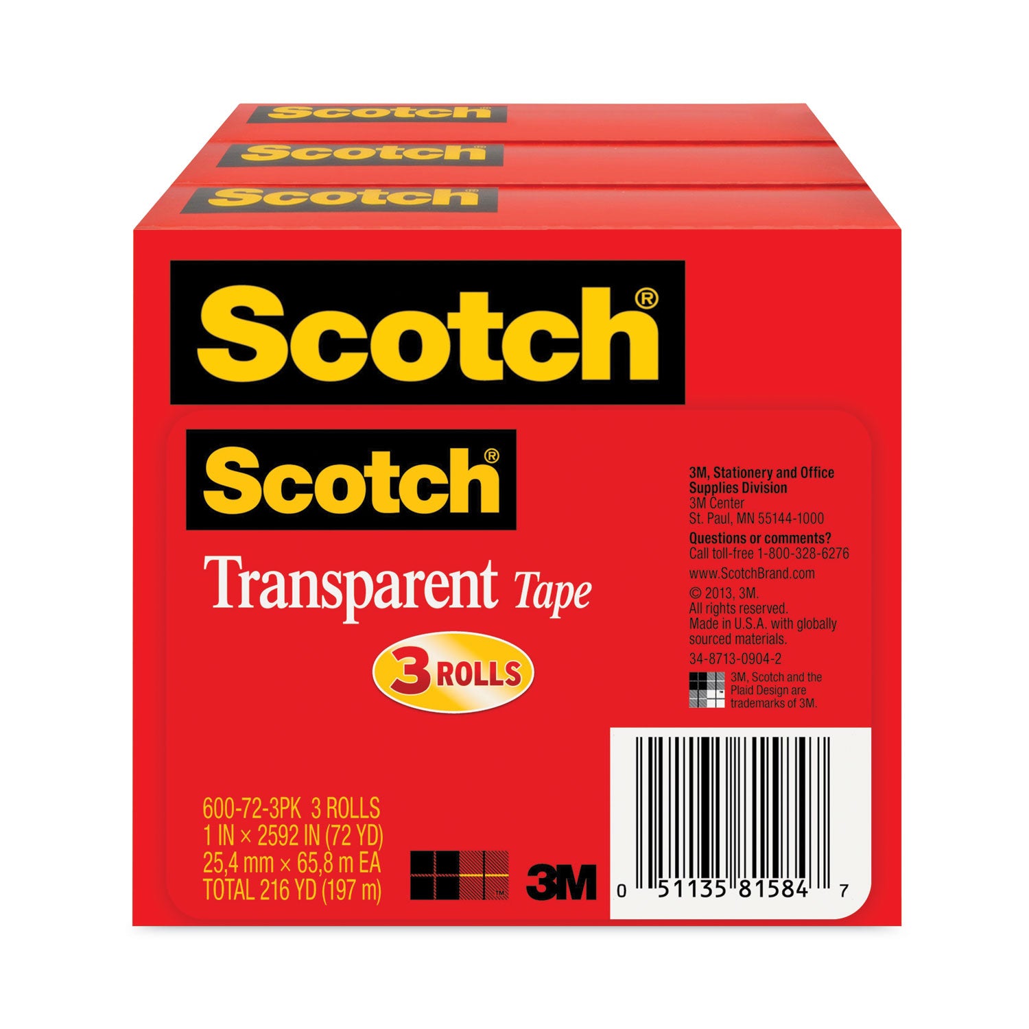 72 yd Length x 1" Width - 3" Core - Clear - Long Lasting, Moisture Resistant, Stain Resistant - For Sealing, Label Protection, Wrapping, Mending - 1 Pack