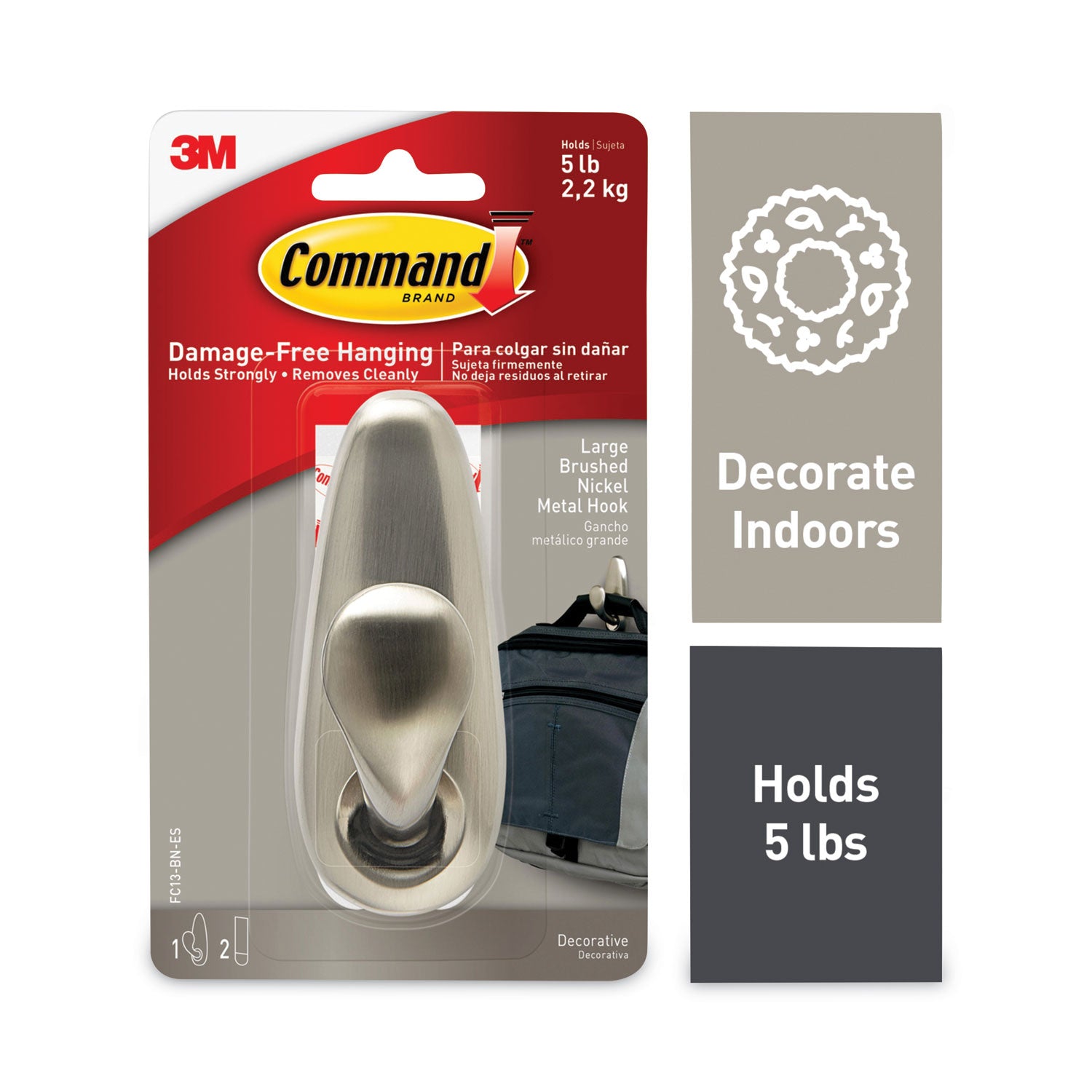 5 lb (2.27 kg) Capacity - for Decoration, Painted Surface, Wood, Tile - Metal - Brushed Nickel - 1 / Pack
