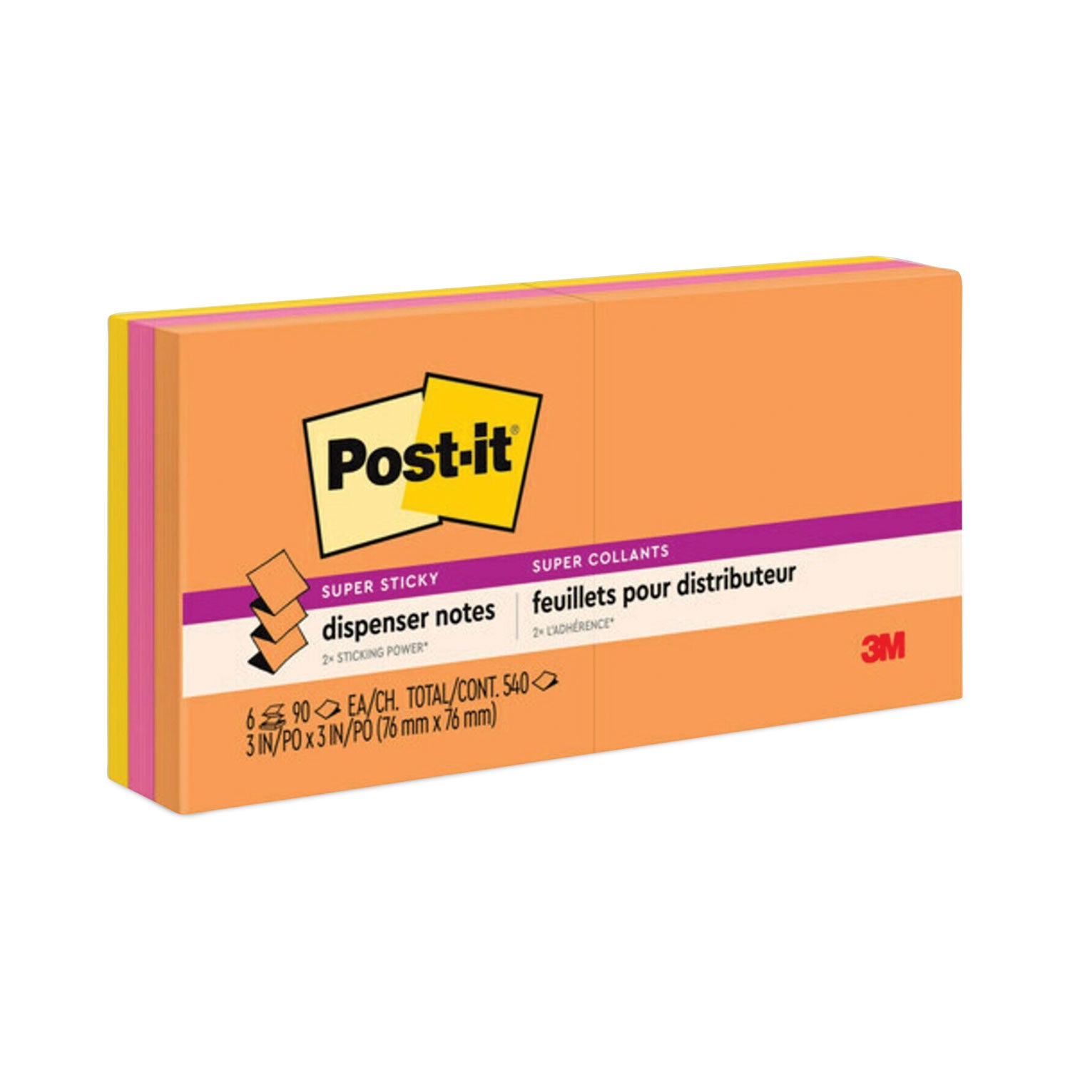 Post-it Super Sticky Dispenser Notes, Energy Boost Collection, 3" x 3", Square, 90 Sheets per Pad, 6 Pads/Pack, Vital Orange, Tropical Pink, Sunnyside, Self-adhesive, Repositionable
