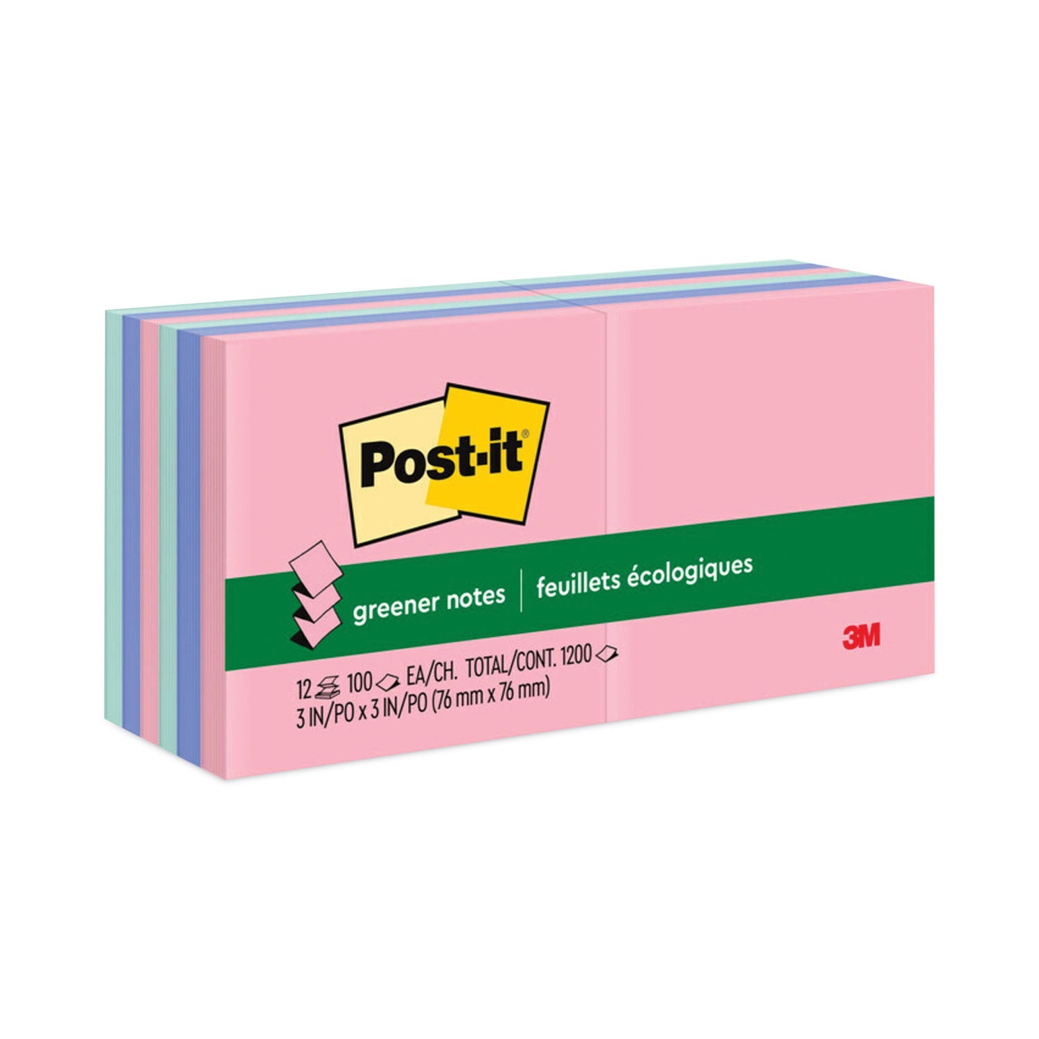 Post-it Greener Dispenser Notes, Sweet Sprinkles Color Collection, 3" x 3", 100 Sheets per Pad, 12 Pads per Pack, Positively Pink, Fresh Mint, Moonstone, Recycled Paper, Pop-up, Unruled