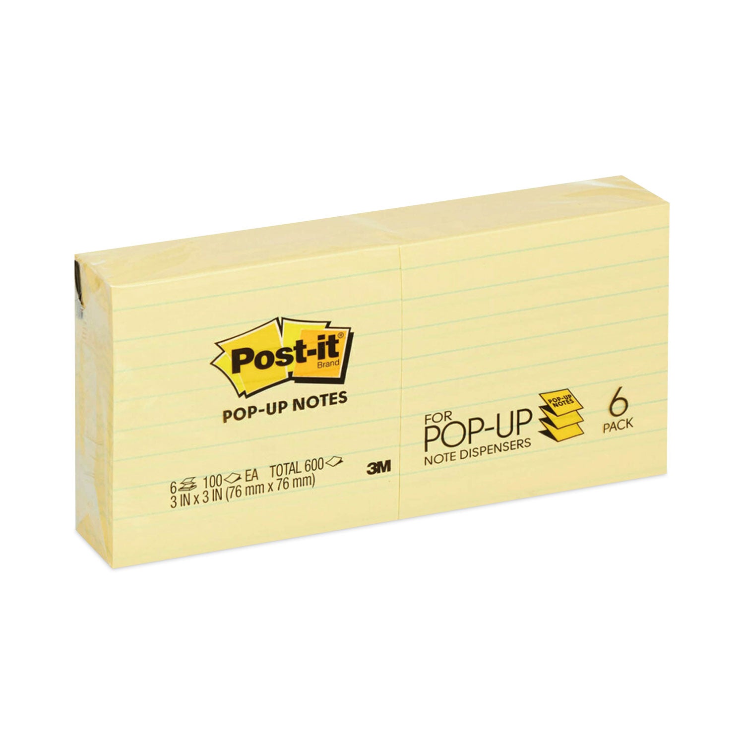 Post-it&reg; Dispenser Notes - 600 - 3" Flag/Note Width x 3" Flag/Note Length - Square - 100 Sheets per Pad - Ruled - Yellow - Paper - Pop-up, Fanfold, Refillable - 6 / Pack