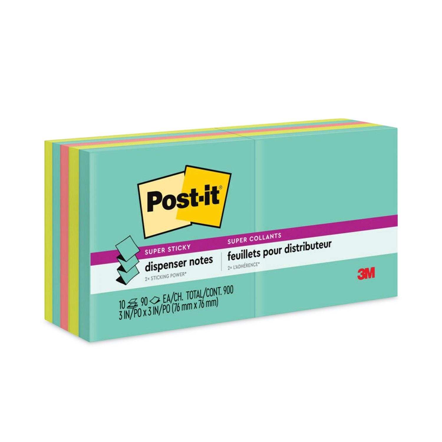 Post-it Super Sticky Dispenser Notes, Supernova Neons, 900 Multicolor Notes, 3" x 3", 90 Sheets per Pad, Aqua Splash/Acid Lime/Guava, 1 Pack