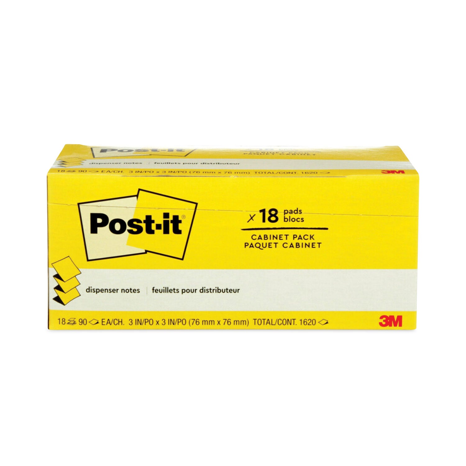 Post-it&reg; Dispenser Notes - 1620 - 3" Flag/Note Width x 3" Flag/Note Length - Square - 90 Sheets per Pad - Unruled - Canary Yellow - Paper - Self-adhesive, Removable - 18 / Pack