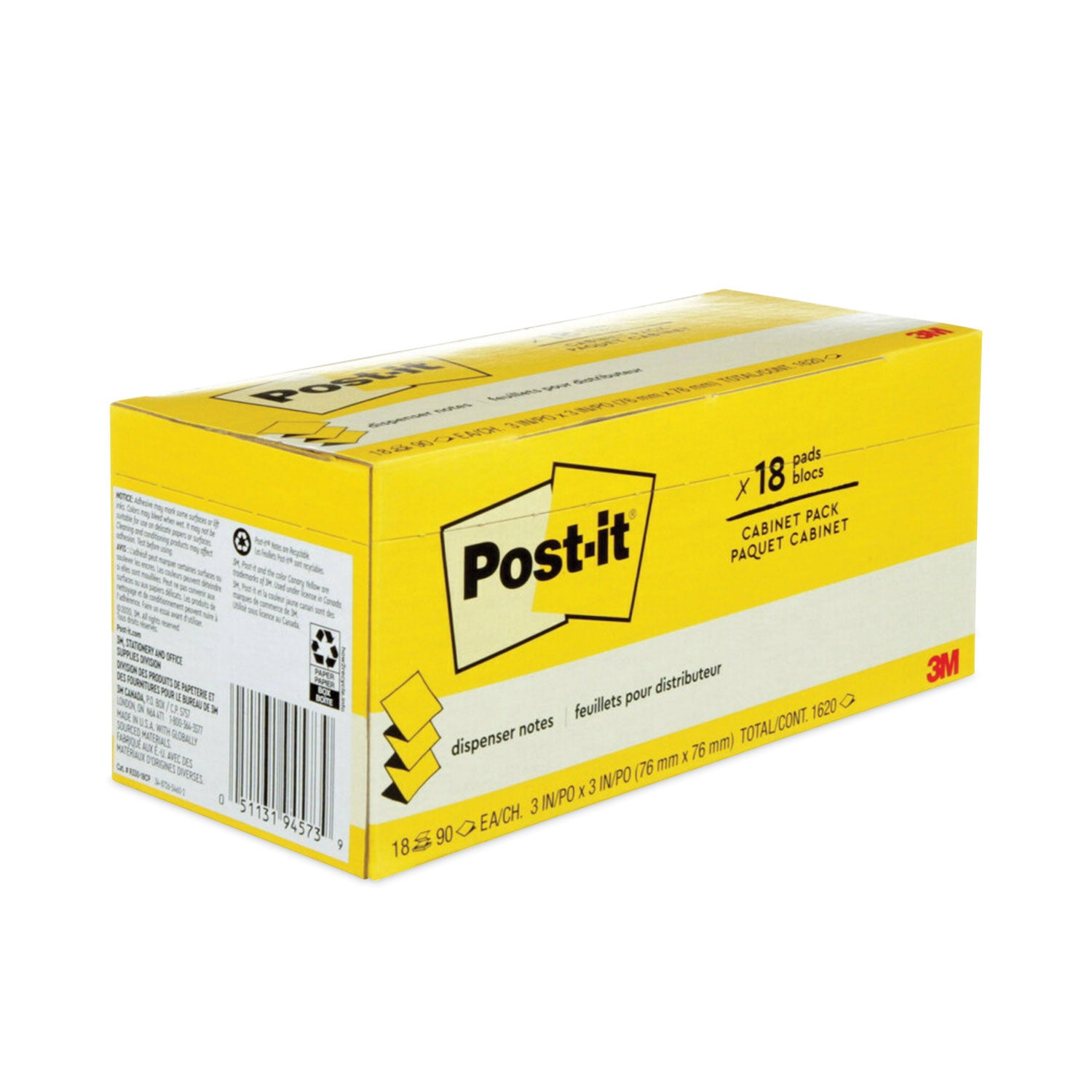 Post-it&reg; Dispenser Notes - 1620 - 3" Flag/Note Width x 3" Flag/Note Length - Square - 90 Sheets per Pad - Unruled - Canary Yellow - Paper - Self-adhesive, Removable - 18 / Pack
