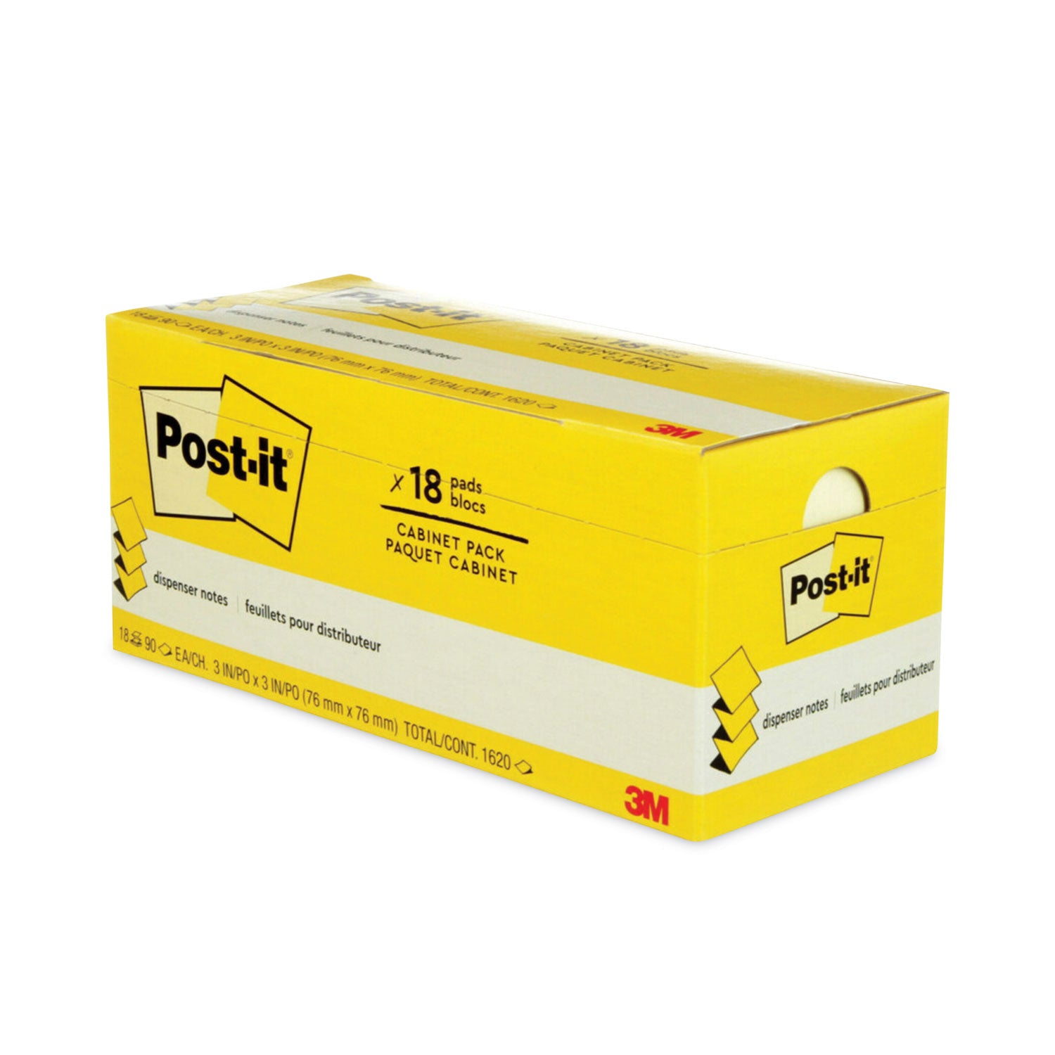 Post-it&reg; Dispenser Notes - 1620 - 3" Flag/Note Width x 3" Flag/Note Length - Square - 90 Sheets per Pad - Unruled - Canary Yellow - Paper - Self-adhesive, Removable - 18 / Pack