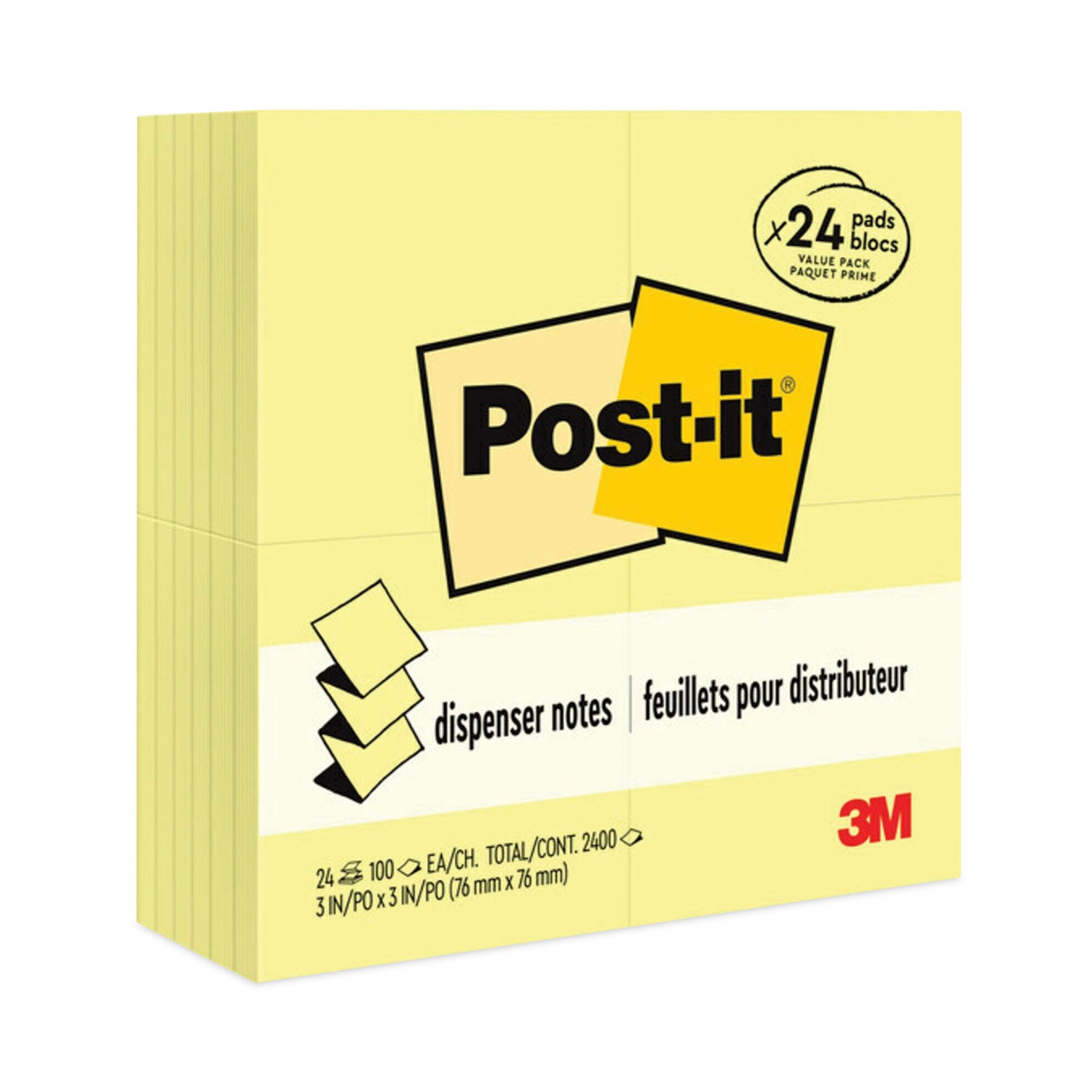 2400 - 3" Flag/Note Width x 3" Flag/Note Length - Square - 100 Sheets per Pad - Unruled - Canary Yellow - Paper - Self-adhesive, Repositionable - 24 / Pack