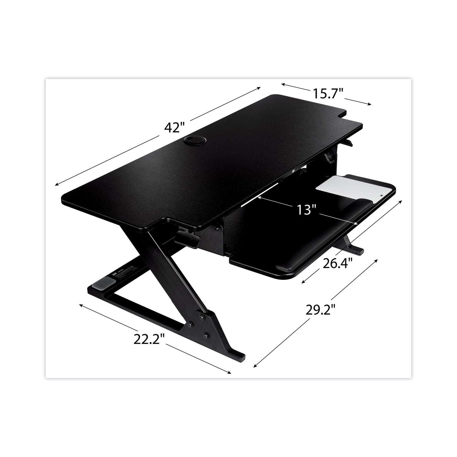 3M Precision Standing Desk - Up to 24" Screen Support - 45 lb Load Capacity - 6.20" Height x 42" Width x 23.20" Depth - Medium Density Fiberboard (MDF) - Black