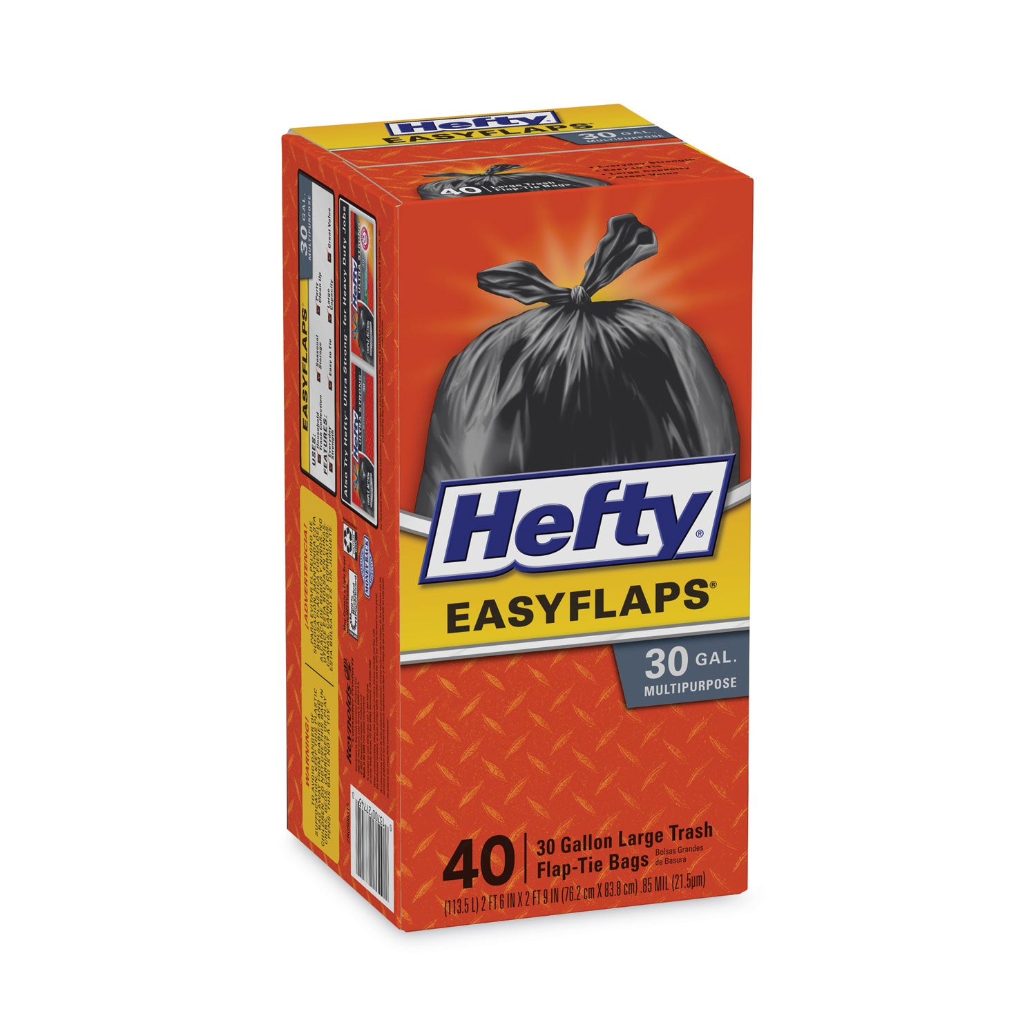 Hefty Easy Flaps 30-gallon Large Trash Bags - Large Size - 30 gal Capacity - 33" Length x 30" Width x 0.85 mil (22 Micron) Thickness - Black - Can - Recycled - 40 / Box