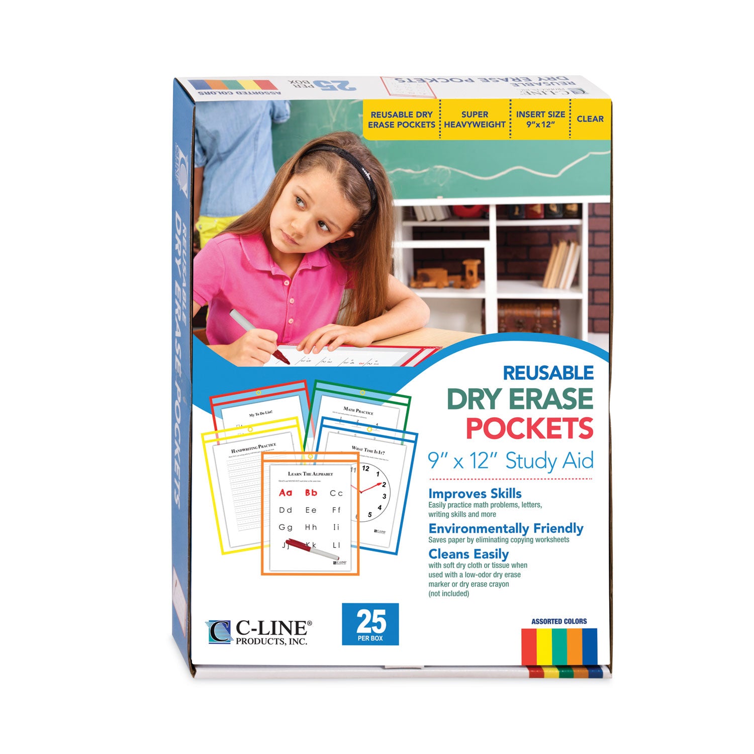Reusable Dry Erase Pockets, Primary Colors, 9 x 12, Pack of 25