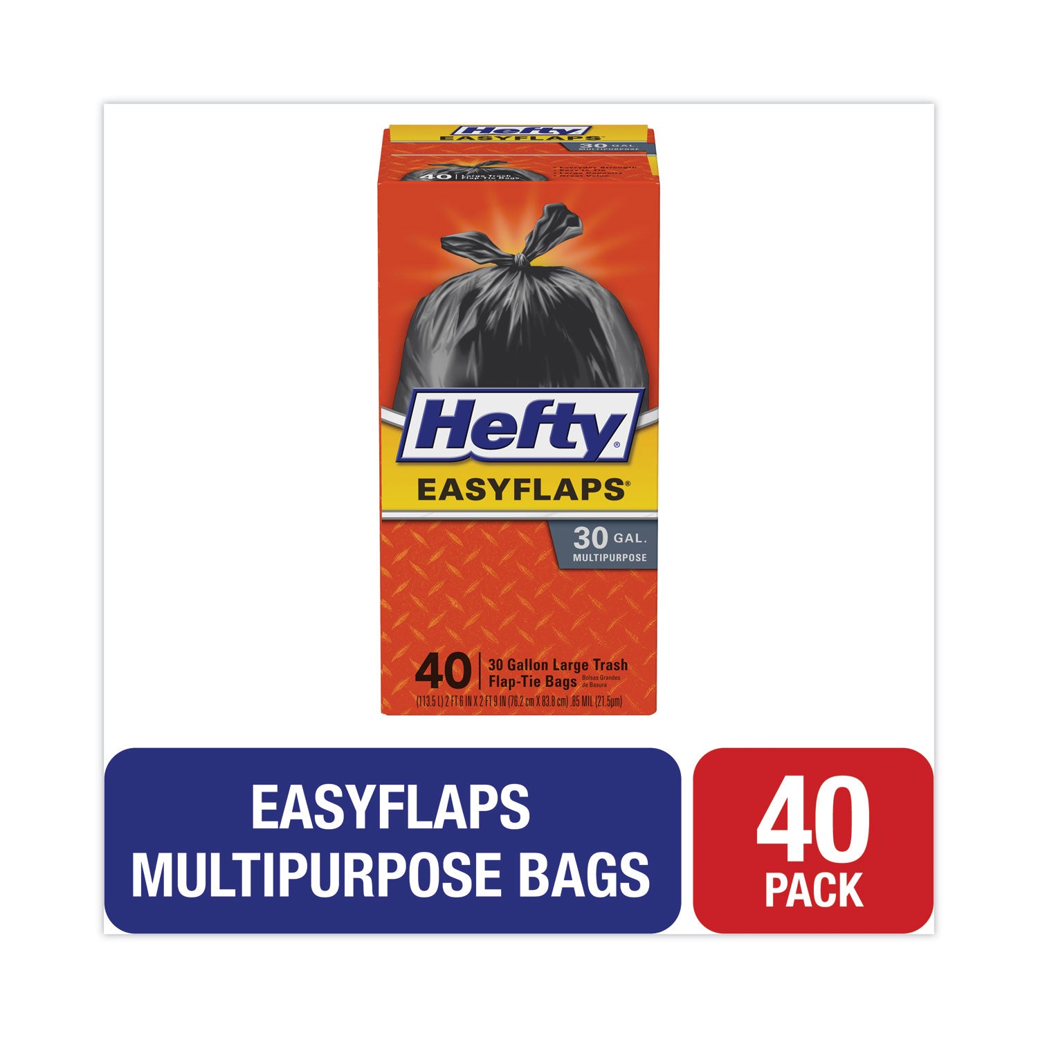 Hefty Easy Flaps 30-gallon Large Trash Bags - Large Size - 30 gal Capacity - 33" Length x 30" Width x 0.85 mil (22 Micron) Thickness - Black - Can - Recycled - 40 / Box