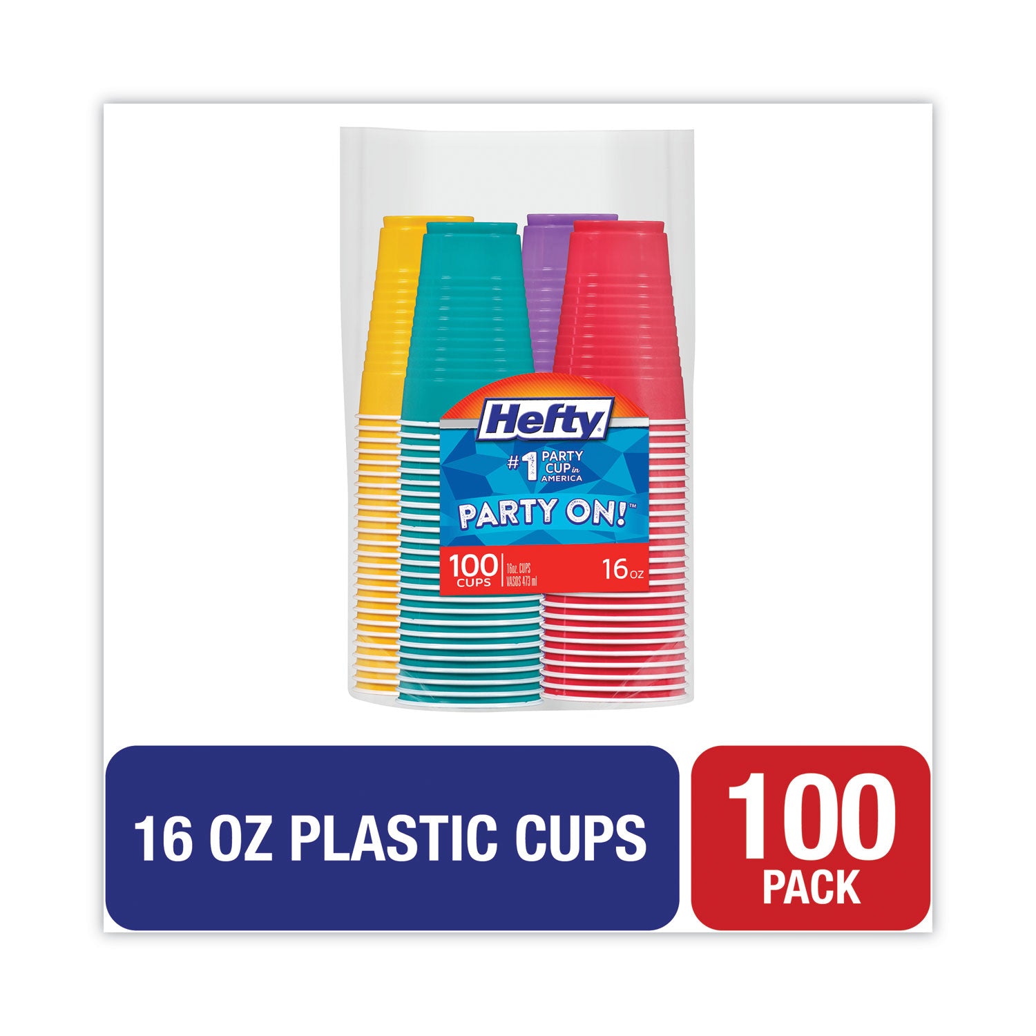 Hefty Everyday 16 oz Disposable Party Cups, Assorted Bright Colors, 100 Pack