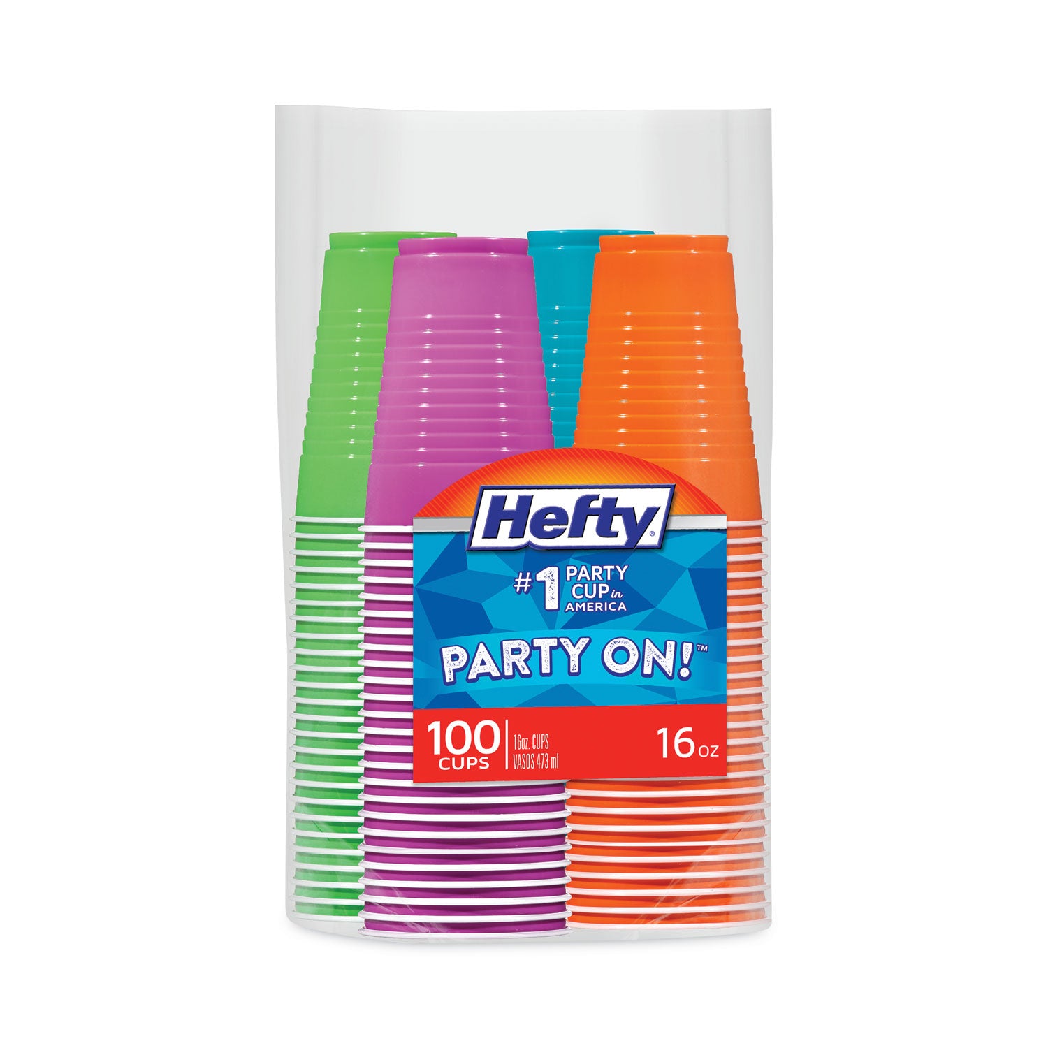 Hefty Everyday 16 oz Disposable Party Cups, Assorted Bright Colors, 100 Pack