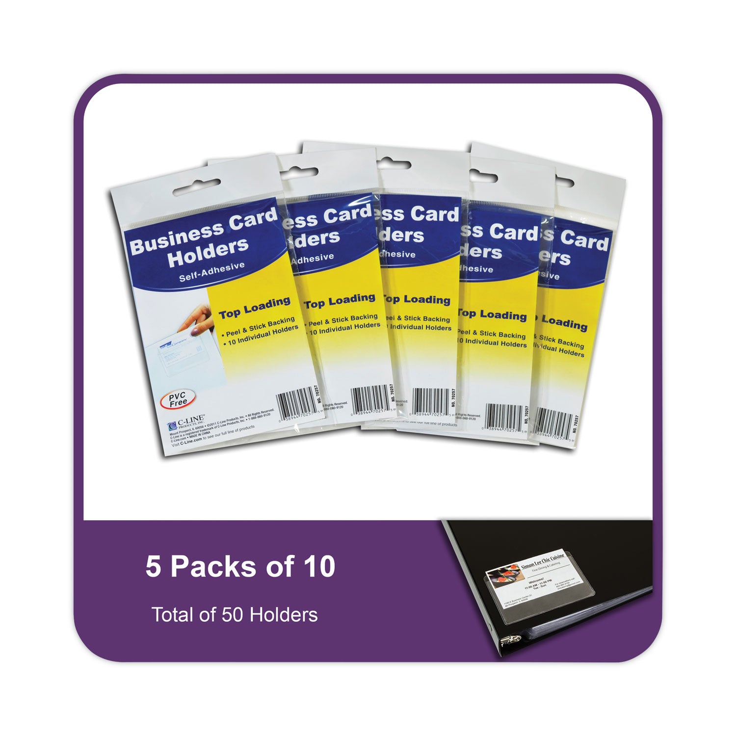 Self-Adhesive Business Card Holder, Top Load, 2 x 3-1/2, Pack of 10
