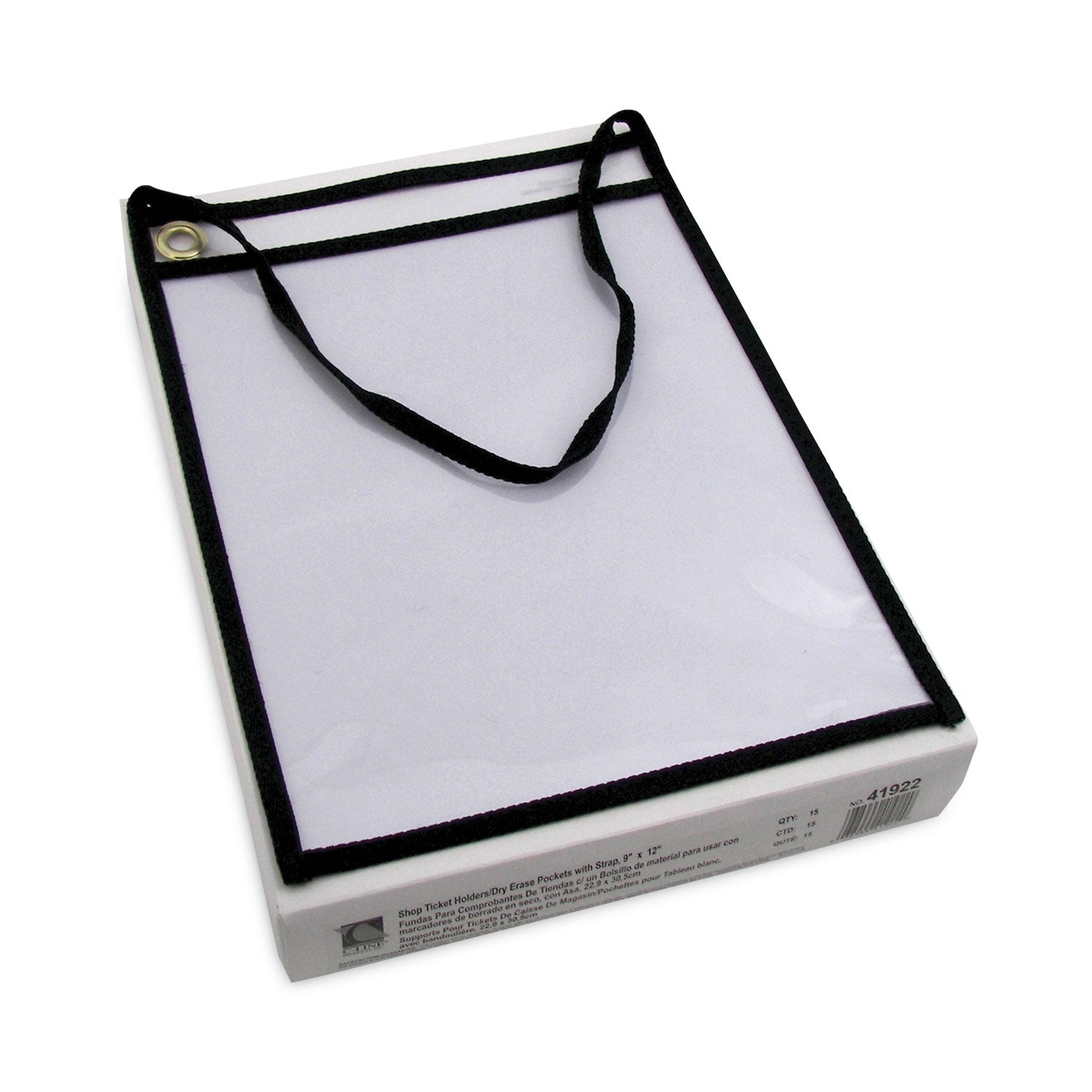 Shop Ticket Holder With Strap, Black, Stitched, Both Sides Clear, 9" x 12", Box of 15