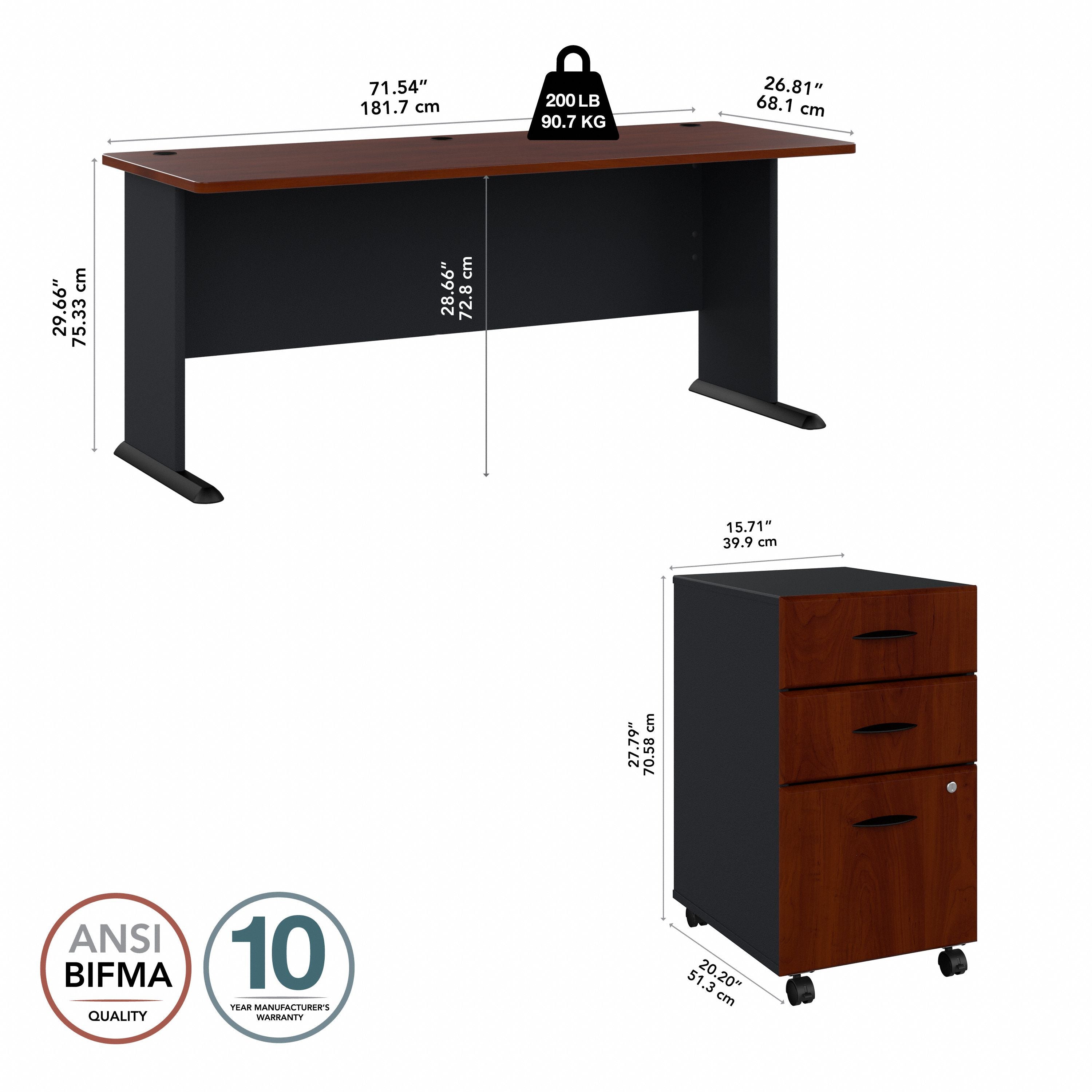 Bush Business Furniture Series A 72W Desk with Mobile File Cabinet in Hansen Cherry and Galaxy - 71.54" Width x 26.81" Depth x 29.66" Height