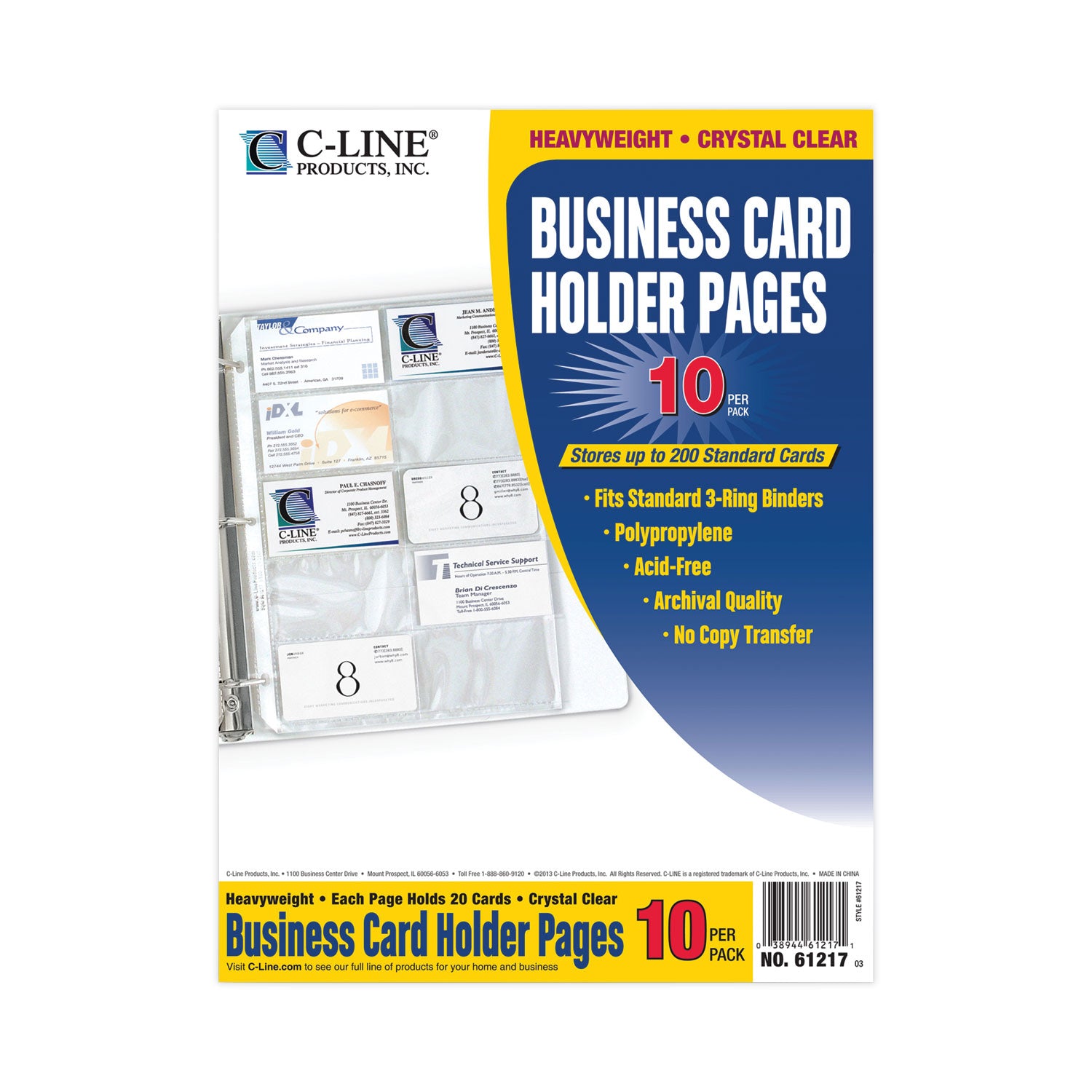 Business Card Holder, Poly without Tabs, Holds 20 Cards/Page, 11-1/4 x 8-1/8, Pack of 10