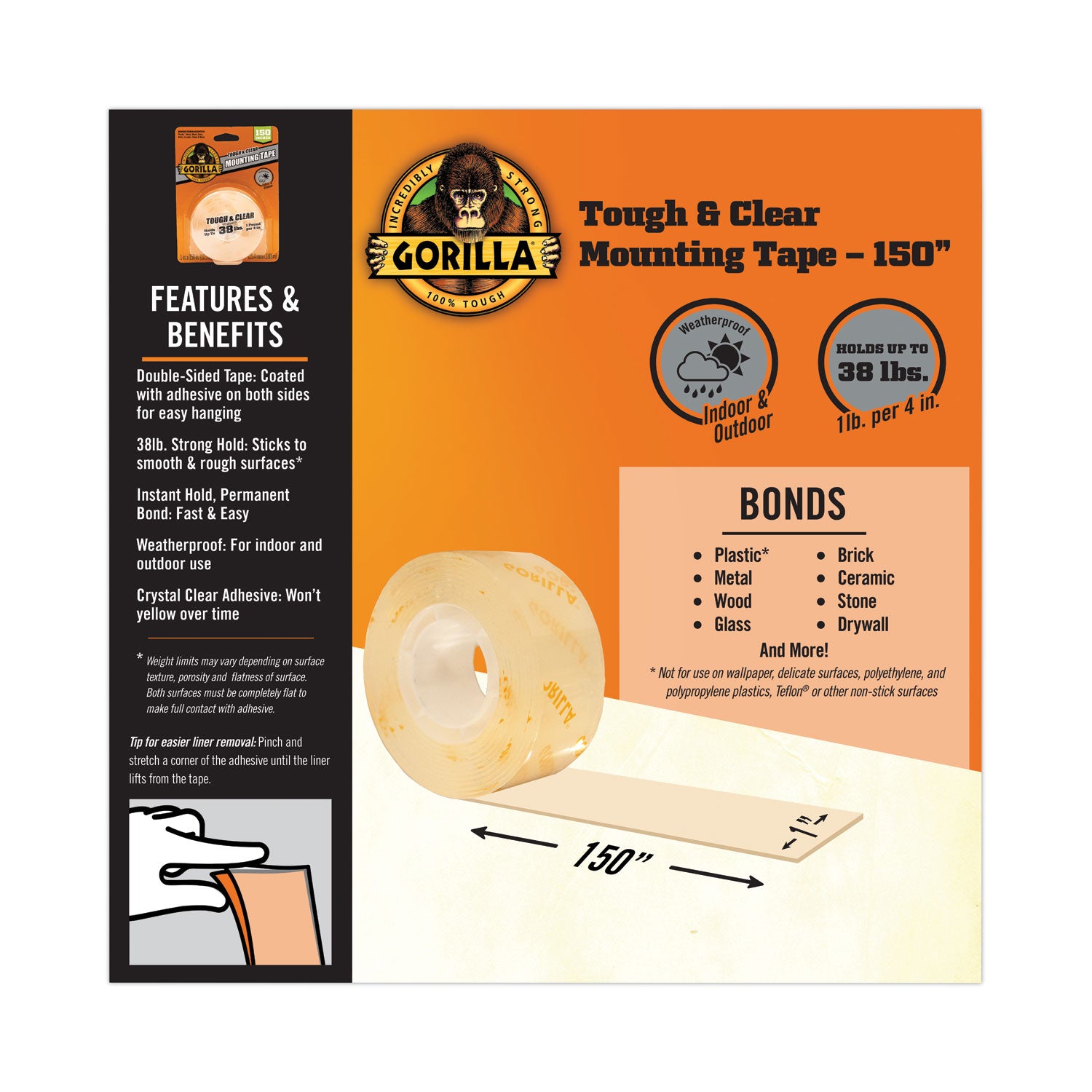 6036002 Gorilla 1 In. x 150 In. Tough & Clear Double-Sided Mounting Tape (38 Lb. Capacity)