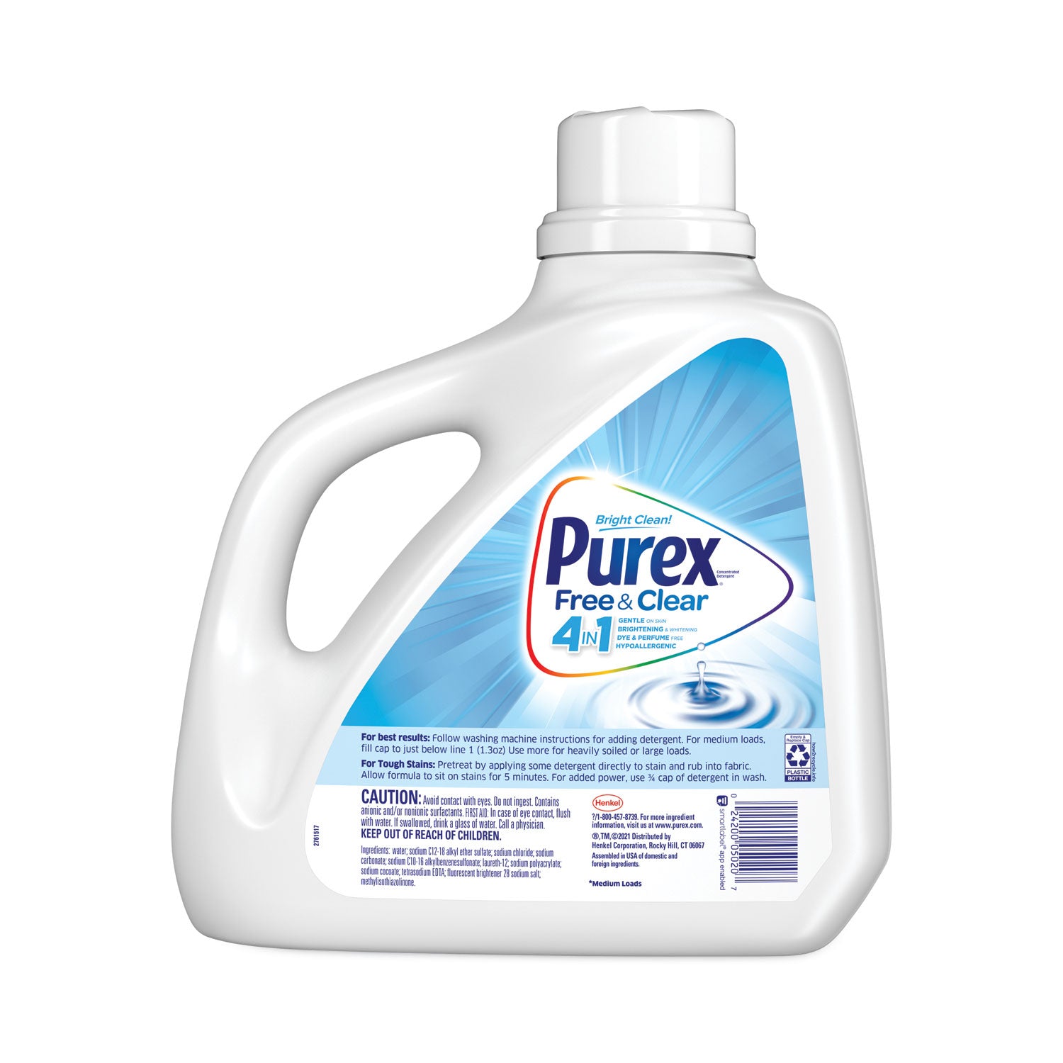 Purex Free & Clear Laundry Detergent, Concentrated Liquid, 150 fl oz (4.7 qt), 115 Loads, Dye-Free, Hypoallergenic, Odorless, Clear, 1 Each