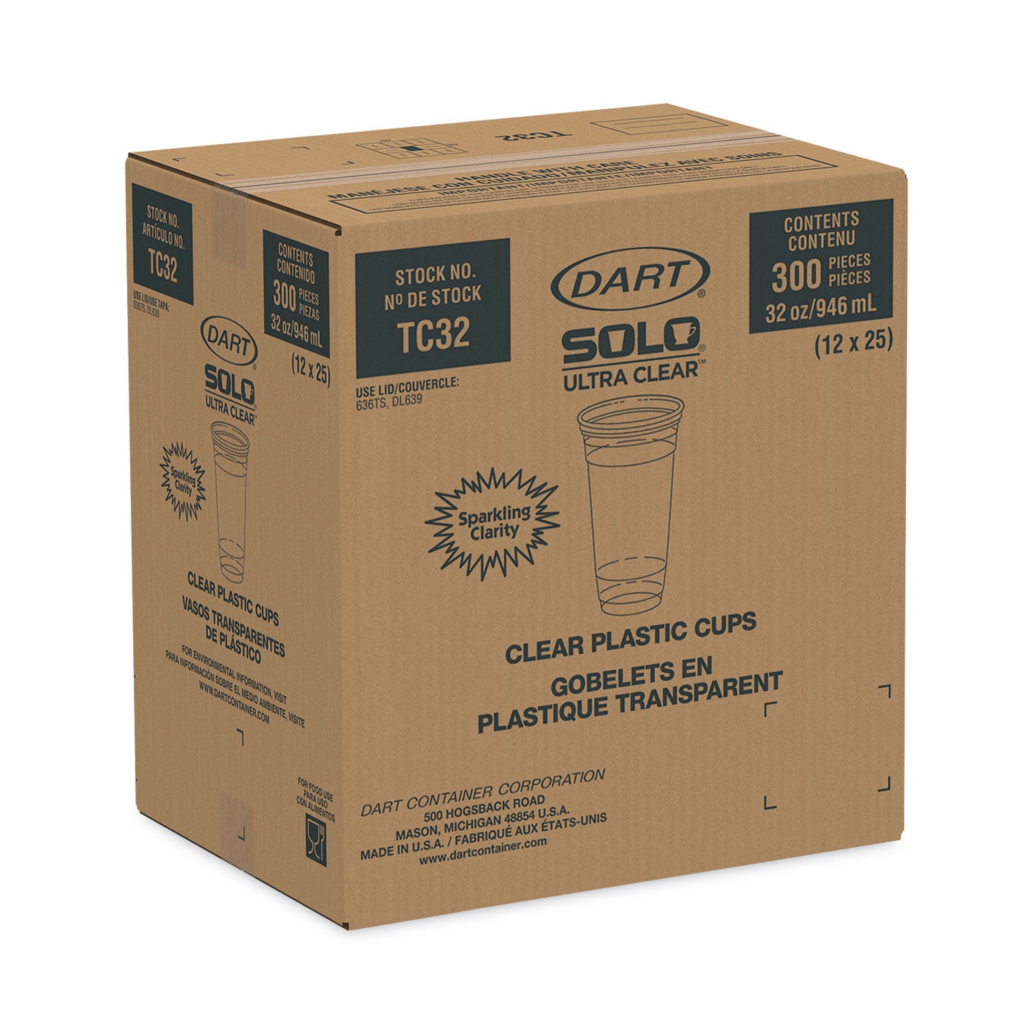Ultra Clear PETE Cold Cups, 32 oz, Plastic, Clear, 300/Carton