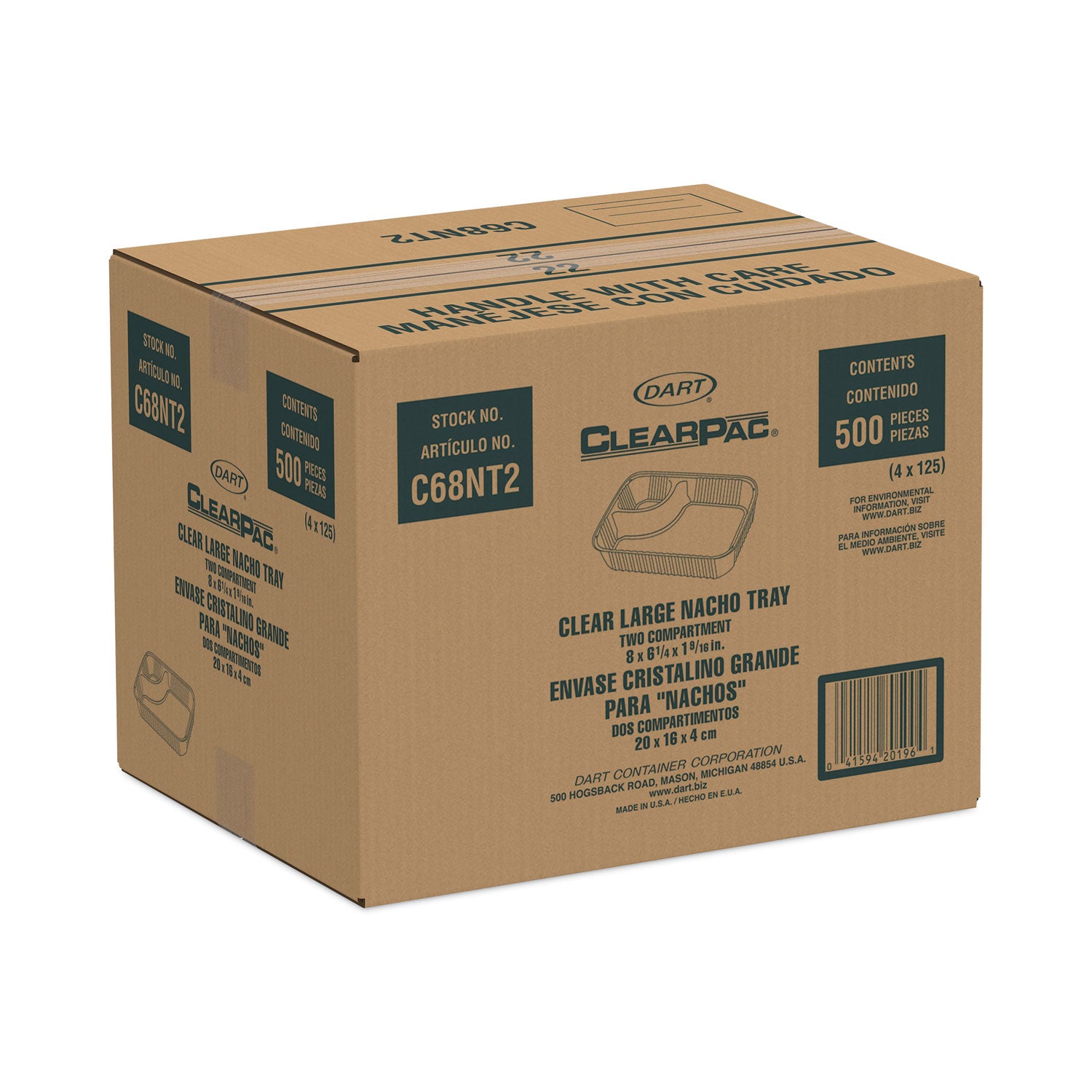 ClearPac Large Nacho Tray, 2 Compartments, 3.3 oz, 6.2 x 6.2 x 1.6, Clear, Plastic, 500/Carton