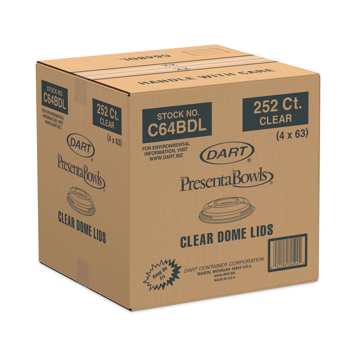 PresentaBowls Clear Dome Lids, 7.3" Diameter x 1.1" h, Clear, Plastic, 63 Lids/Bag, 4 Bags/Carton