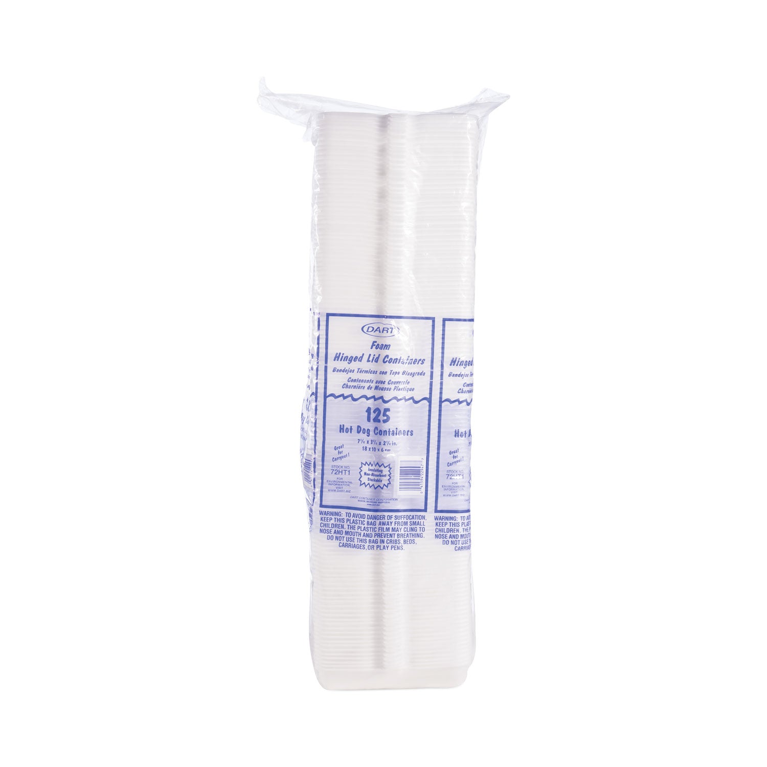 Foam Hinged Lid Container, Hot Dog Container, 3.8 x 7.1 x 2.3, White, 125/Bag, 4 Bags/Carton