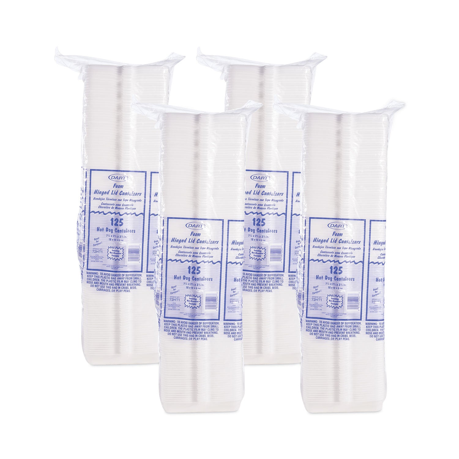 Foam Hinged Lid Container, Hot Dog Container, 3.8 x 7.1 x 2.3, White, 125/Bag, 4 Bags/Carton