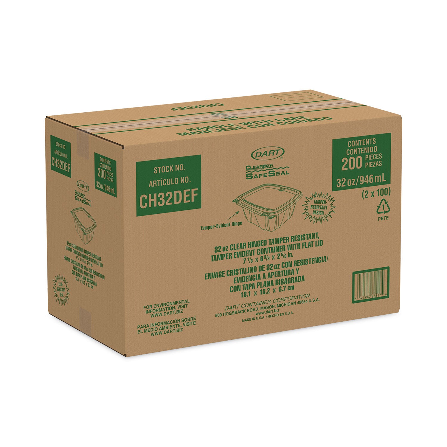 ClearPac SafeSeal rPET Tamper-Resistant Container, ProPlanet Seal, Flat Lid, 32 oz, Clear, 100/Bag, 2 Bags/Carton
