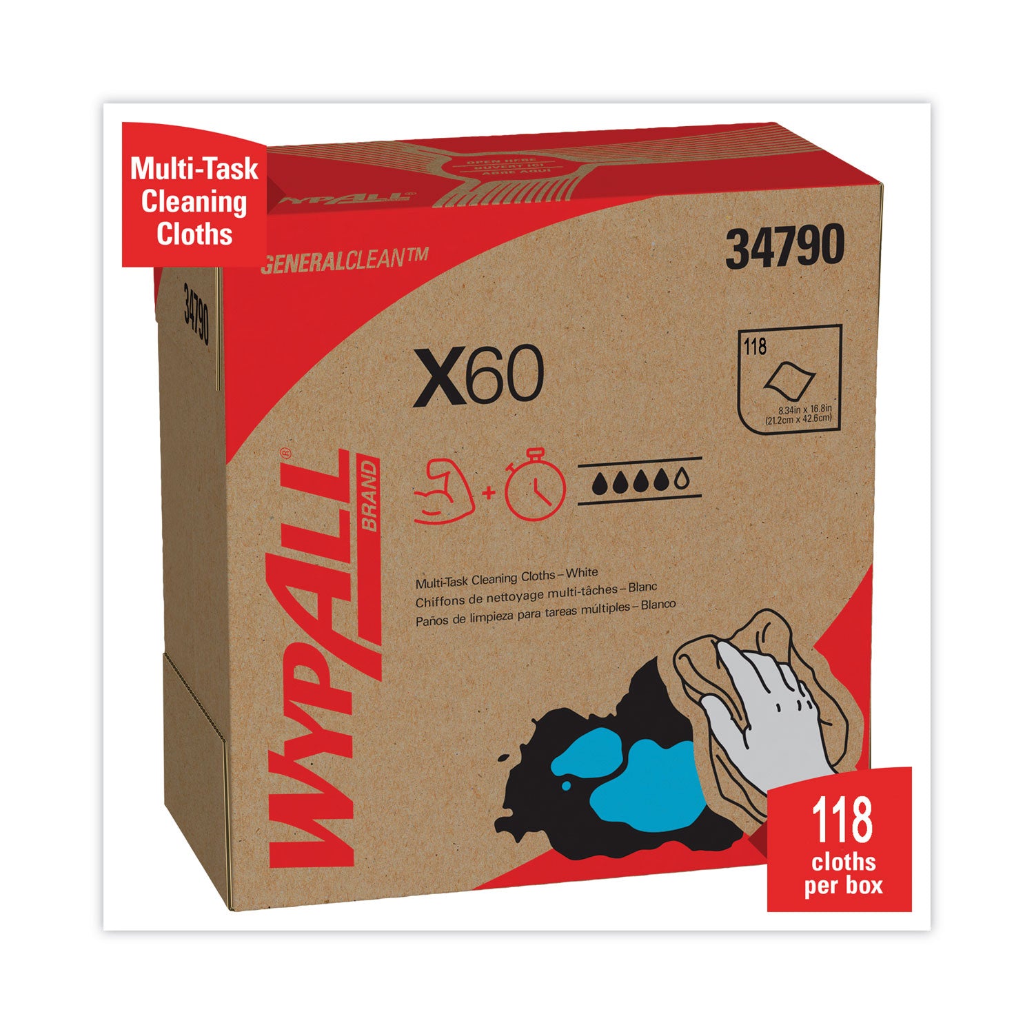 Wypall GeneralClean X60 Multi-Task Cleaning Cloths, Pop-Up Box, White, Hydroknit, 8.34" x 16.80", 118 Cloths/Box, 10 Boxes/Carton