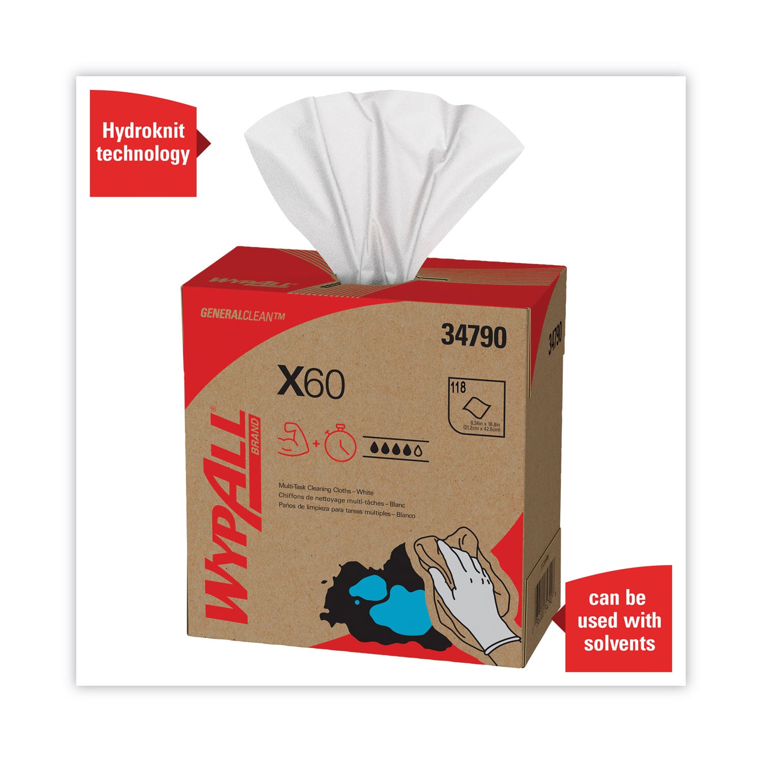 Wypall GeneralClean X60 Multi-Task Cleaning Cloths, Pop-Up Box, White, Hydroknit, 8.34" x 16.80", 118 Cloths/Box, 10 Boxes/Carton