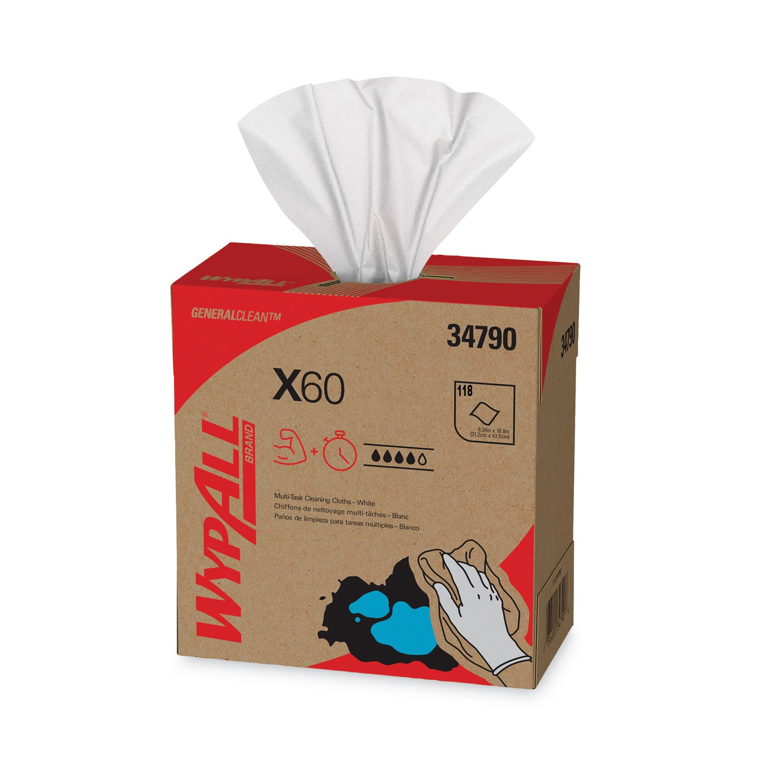 Wypall GeneralClean X60 Multi-Task Cleaning Cloths, Pop-Up Box, White, Hydroknit, 8.34" x 16.80", 118 Cloths/Box, 10 Boxes/Carton