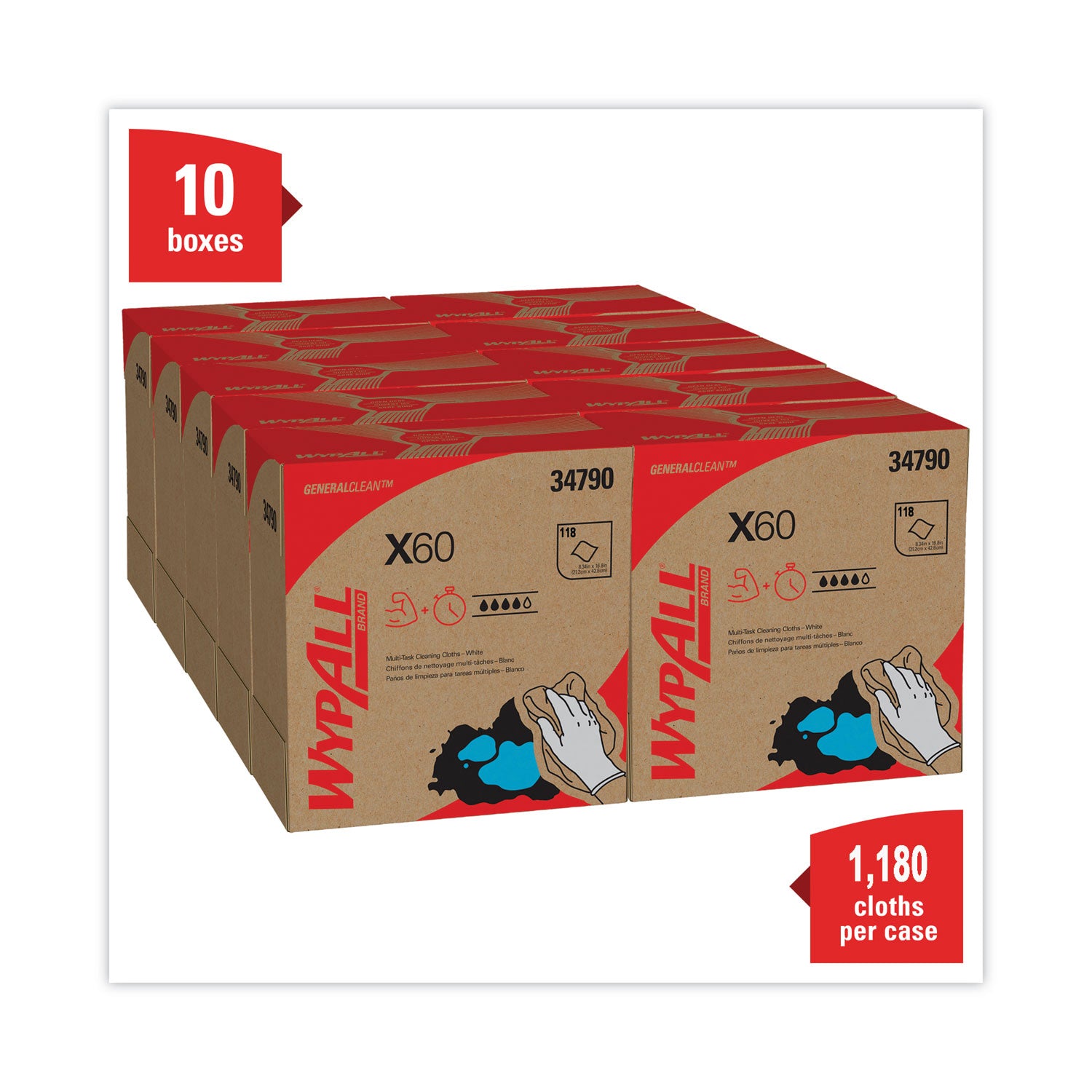 Wypall GeneralClean X60 Multi-Task Cleaning Cloths, Pop-Up Box, White, Hydroknit, 8.34" x 16.80", 118 Cloths/Box, 10 Boxes/Carton