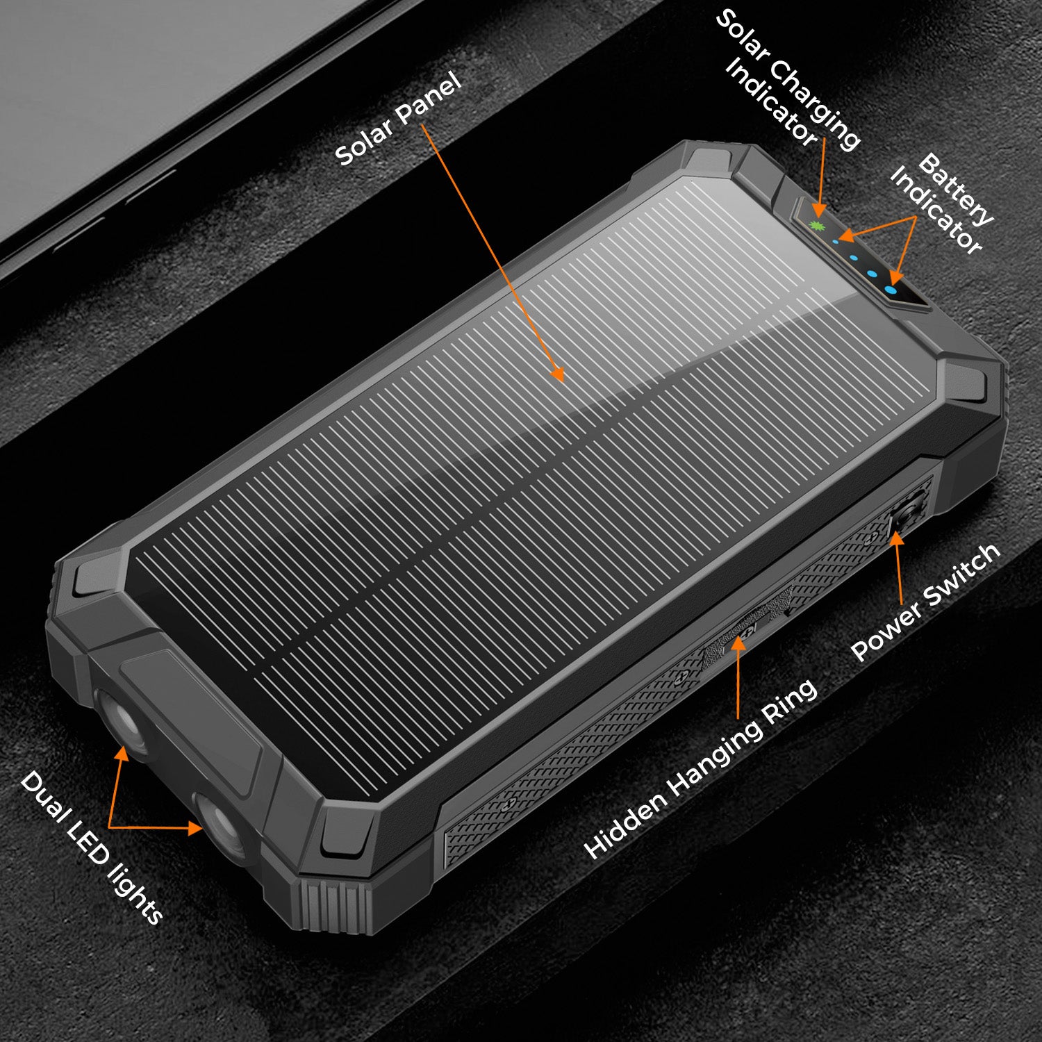 20000mAh Solar Power Bank with Wireless Charging and Built-in Cables, Black