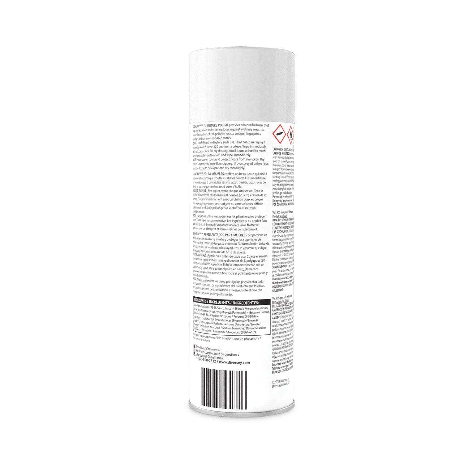Diversey Shine-Up Lemon Furniture Polish, Ready-To-Use Aerosol, 19 fl oz, Lemon Scent, White, Fingerprint Resistant, Residue-Free, Wear Resistant, 12/Carton