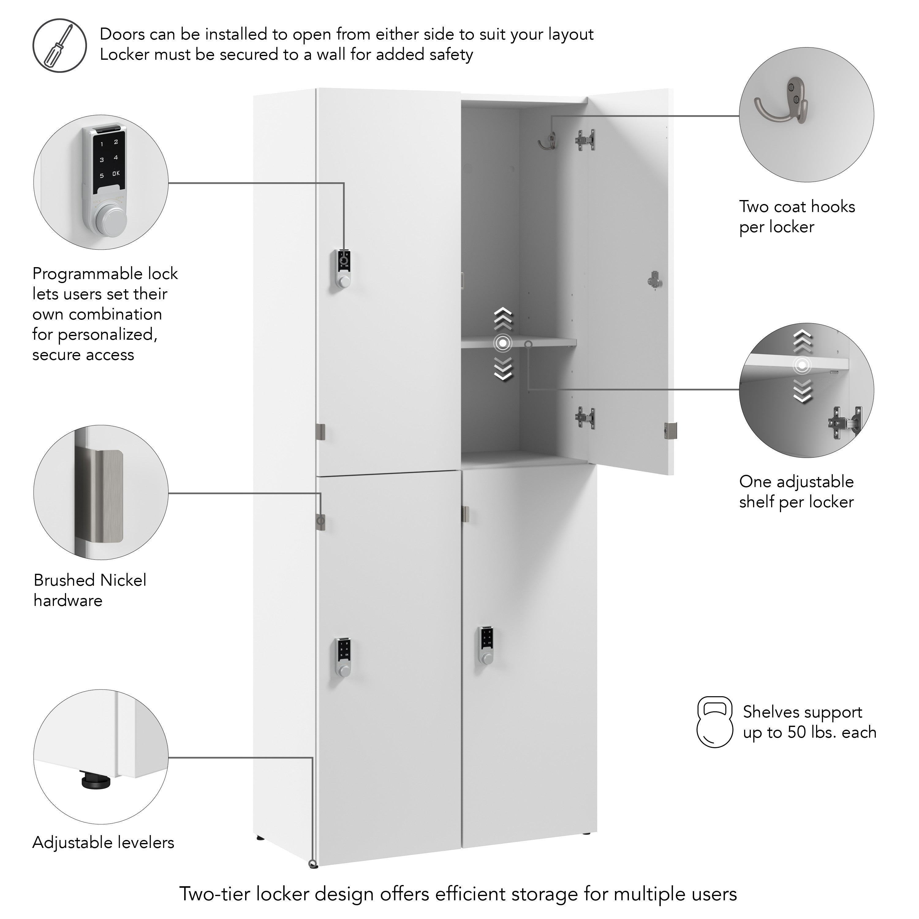 Bush Business Furniture Assure Two Tier 4 Door Storage Lockers with Keypad Locks in White - 29.76" Width x 15.35" Depth x 72.15" Height