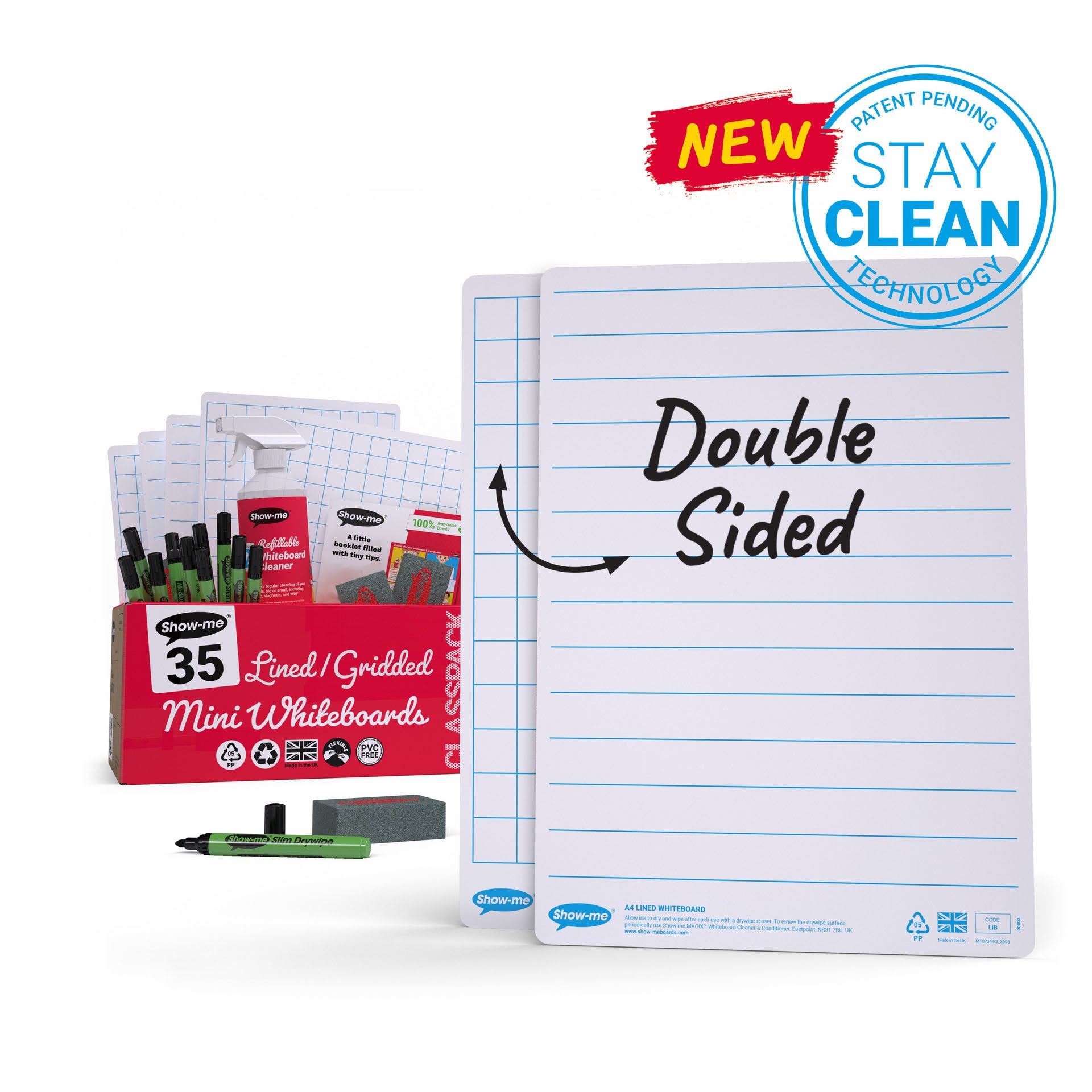 Classpack of 35 x Lined/Gridded Double Sided 8" x 12" Lapboards, with Pens, Erasers, Cleaner