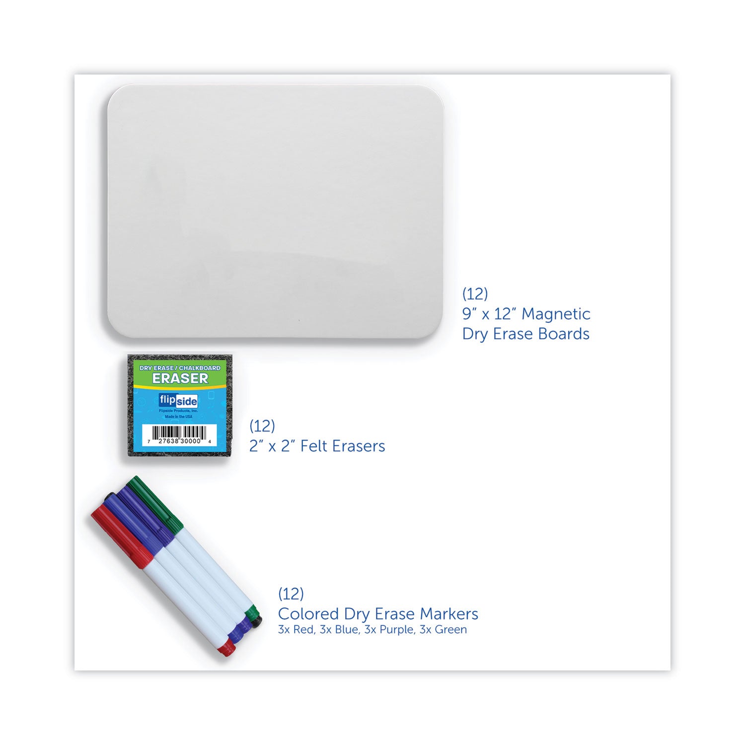 Dry Erase Boards (9" x 12") with Colored Pens & Erasers, Set of 12