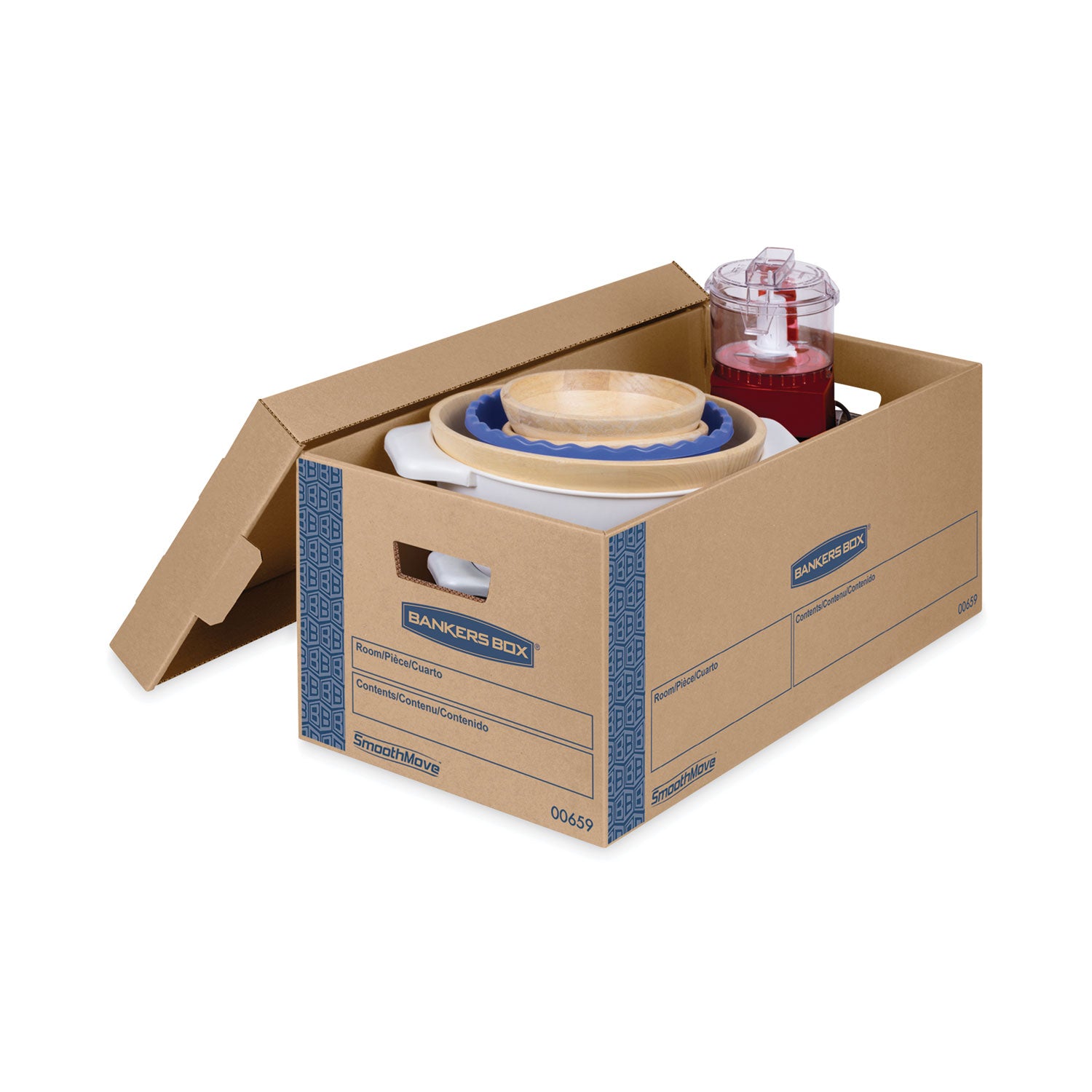 Bankers Box SmoothMove Moving Boxes, Double Wall, Lid Lock, Letter Size, Kraft/Blue, 8/Carton