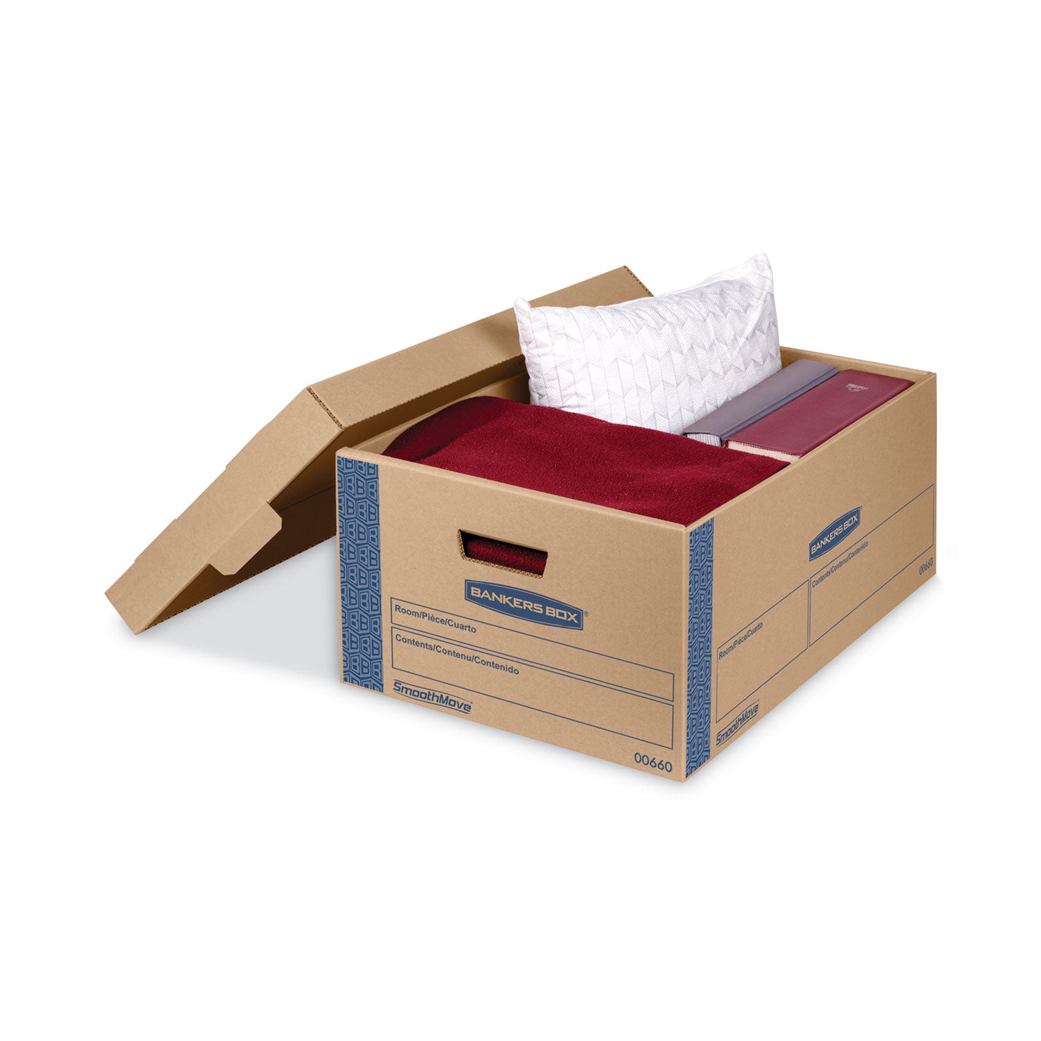 Bankers Box SmoothMove Moving Boxes, Legal Size, Double Wall, Lid Lock, Kraft/Blue, 8/Carton