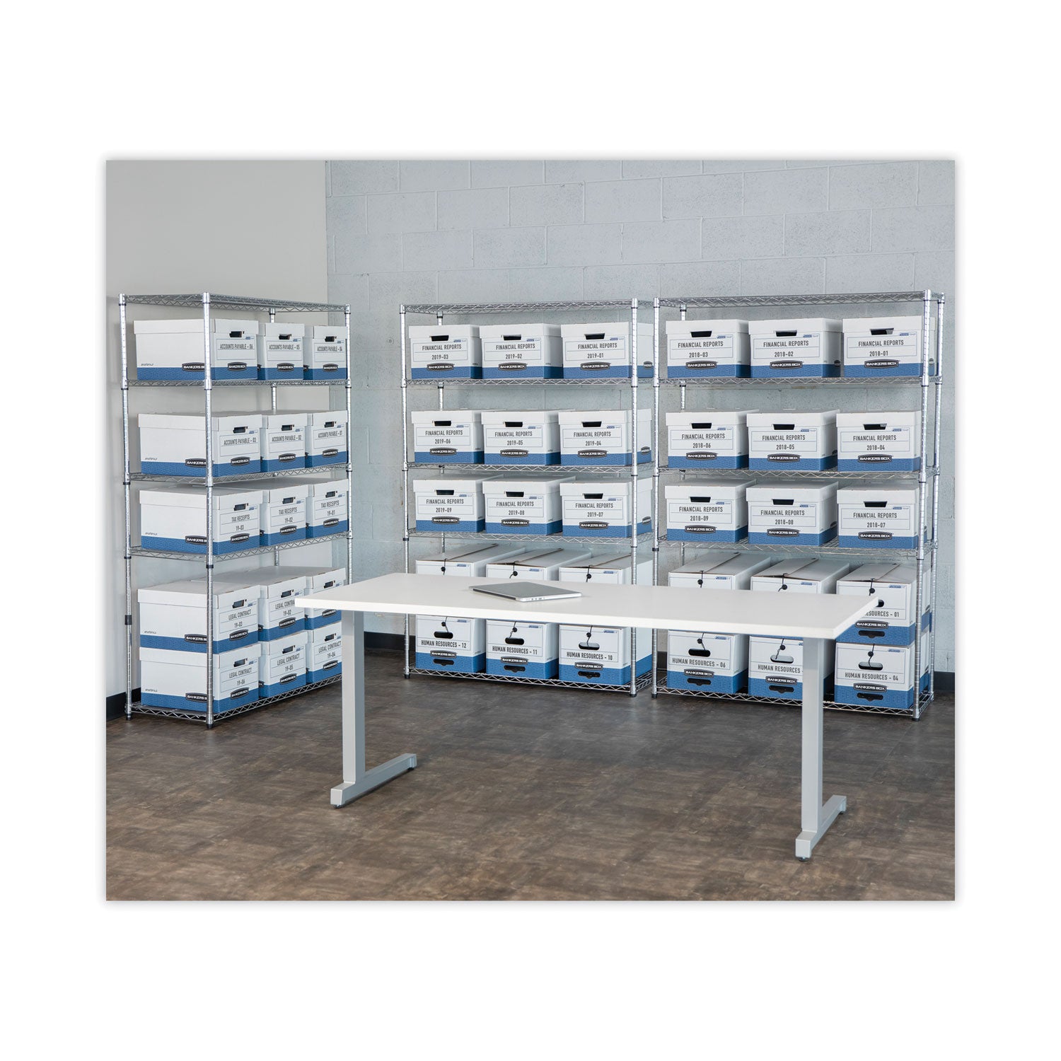 Bankers Box STOR/FILE File Storage Box, Medium Duty, Lift-off Lid, Stackable, Letter/Legal Size, White/Blue, Recycled, 12 Boxes per Carton