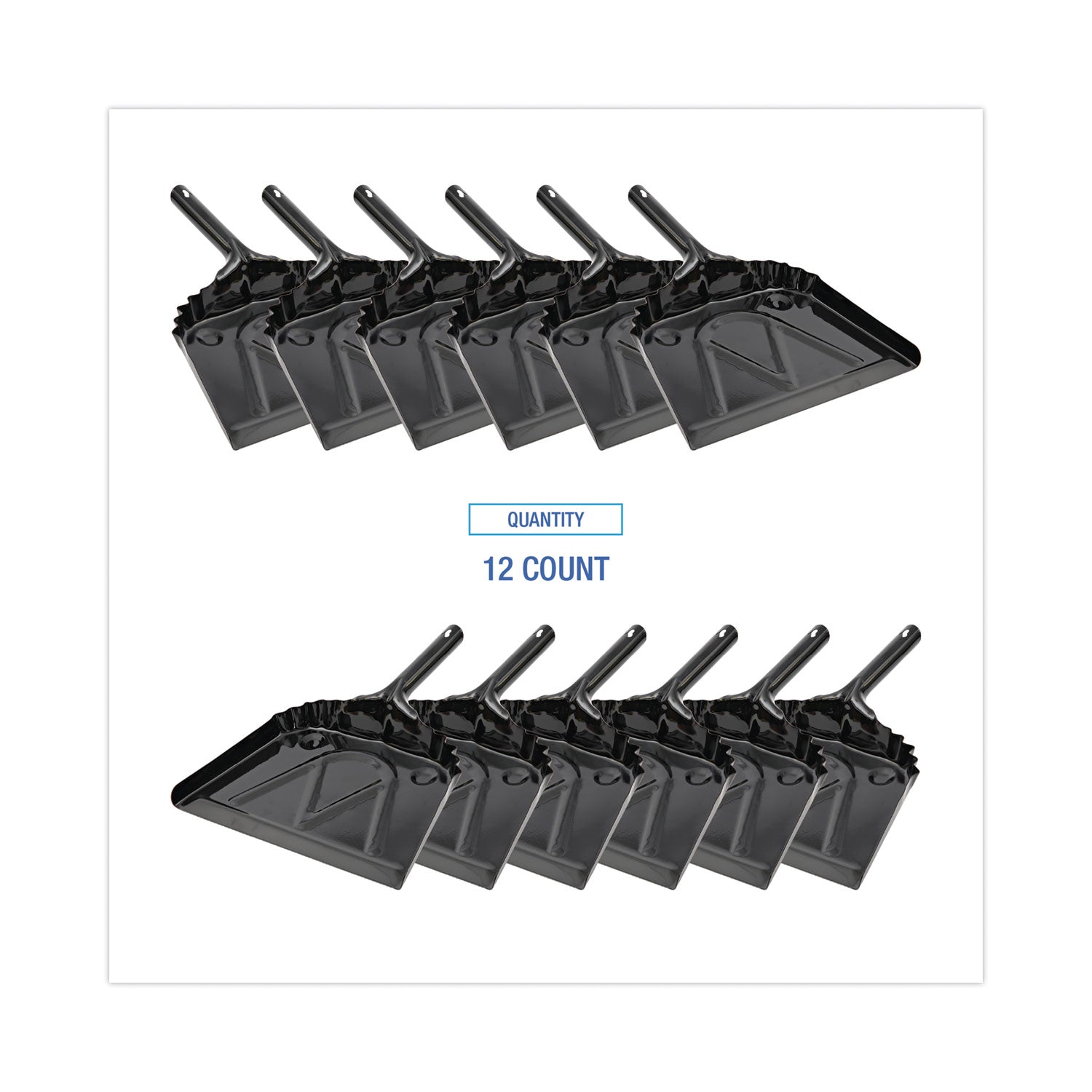 Metal Dust Pan, 12 x 14, 5" Handle, 20-Gauge Steel, Black, 12/Carton