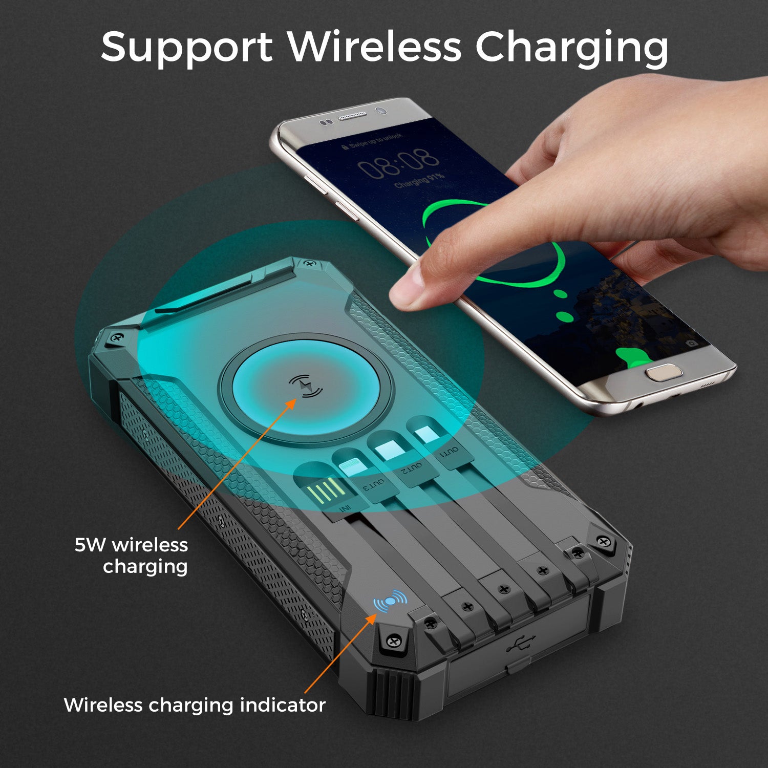 20000mAh Solar Power Bank with Wireless Charging and Built-in Cables, Black