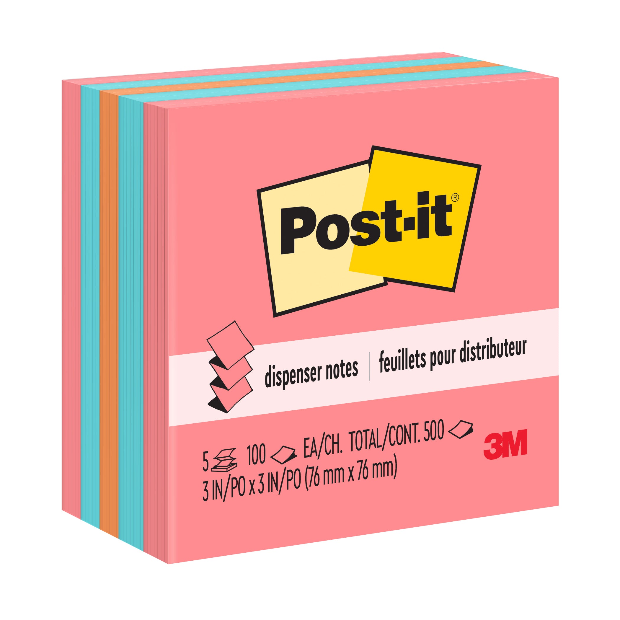 Pop-up Notes, 3" x 3", Assorted, 100 Sheets/Pad, 5 Pads