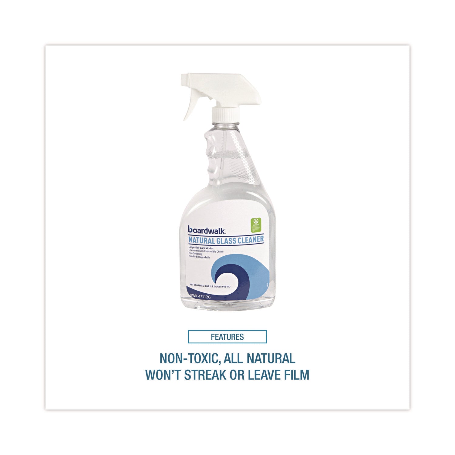 Natural Glass Cleaner, Unscented, 32 oz Trigger Spray Bottle, 12/Carton