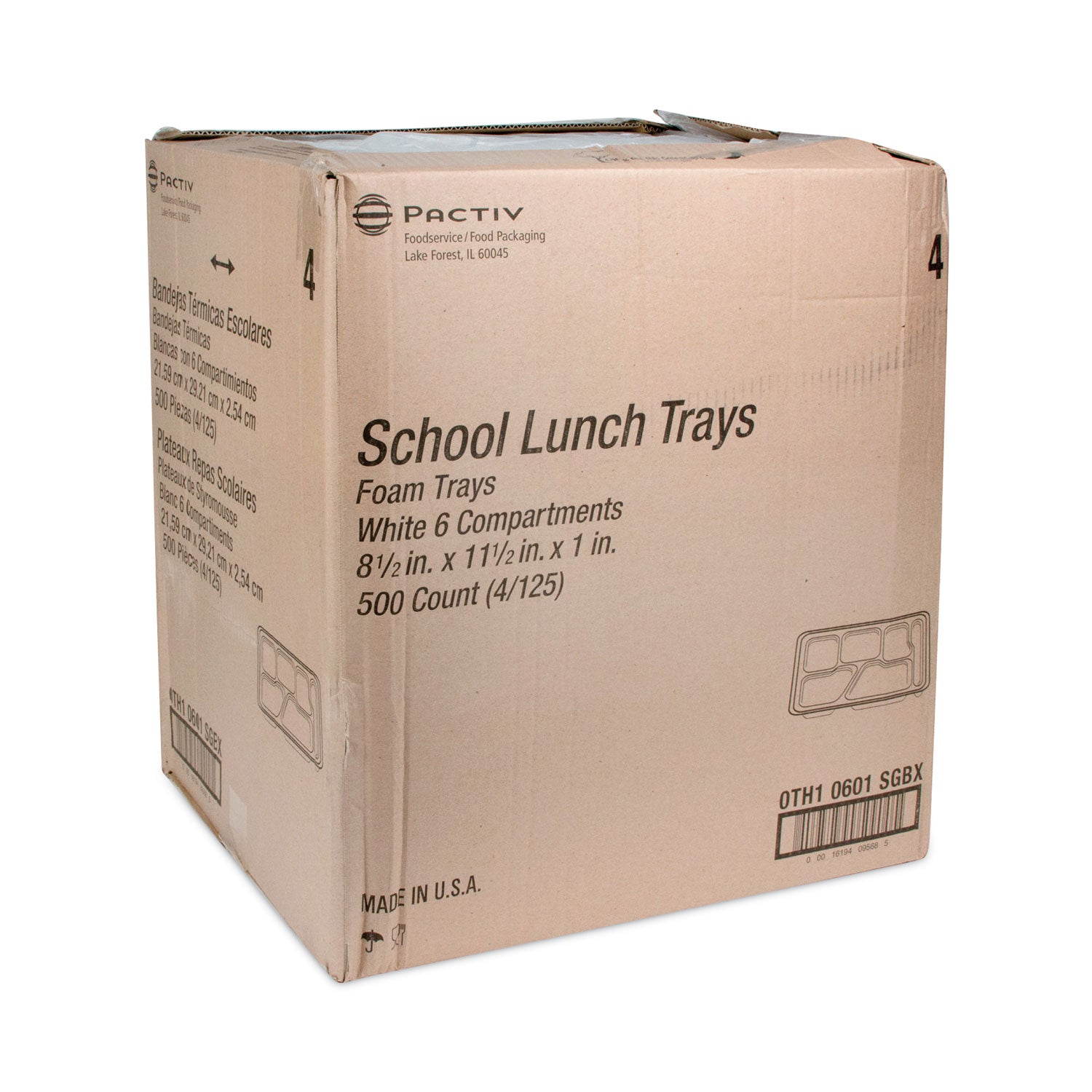 Foam School Trays, 6-Compartment Tray, 8.5 x 11.5 x 1.25, White, 500/Carton
