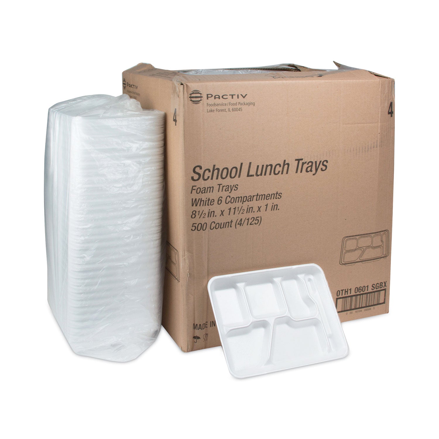 Foam School Trays, 6-Compartment Tray, 8.5 x 11.5 x 1.25, White, 500/Carton