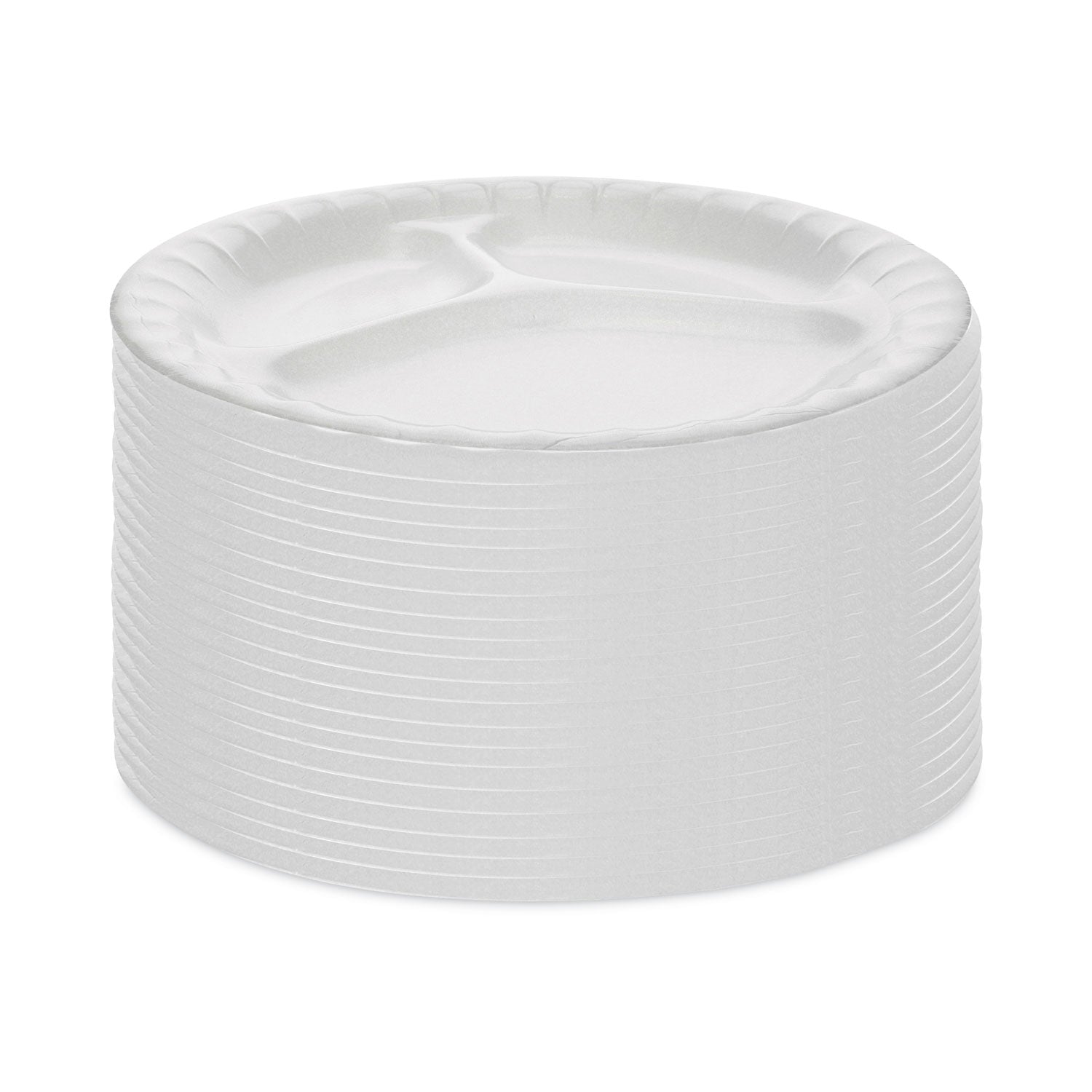 Placesetter Deluxe Laminated Foam Dinnerware, 3-Compartment Plate, 8.88" dia, White, 500/Carton