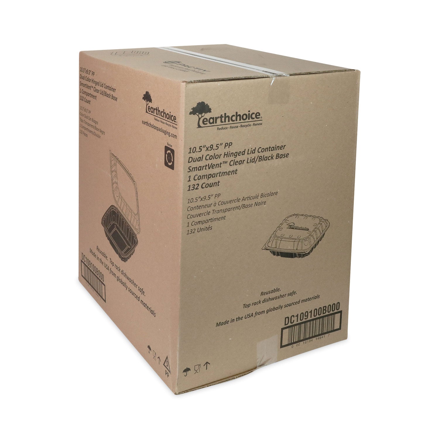EarthChoice Vented Dual Color Microwavable Hinged Lid Container, 66 oz, 10.5 x 9.5 x 3, Black/Clear, Plastic, 132/Carton