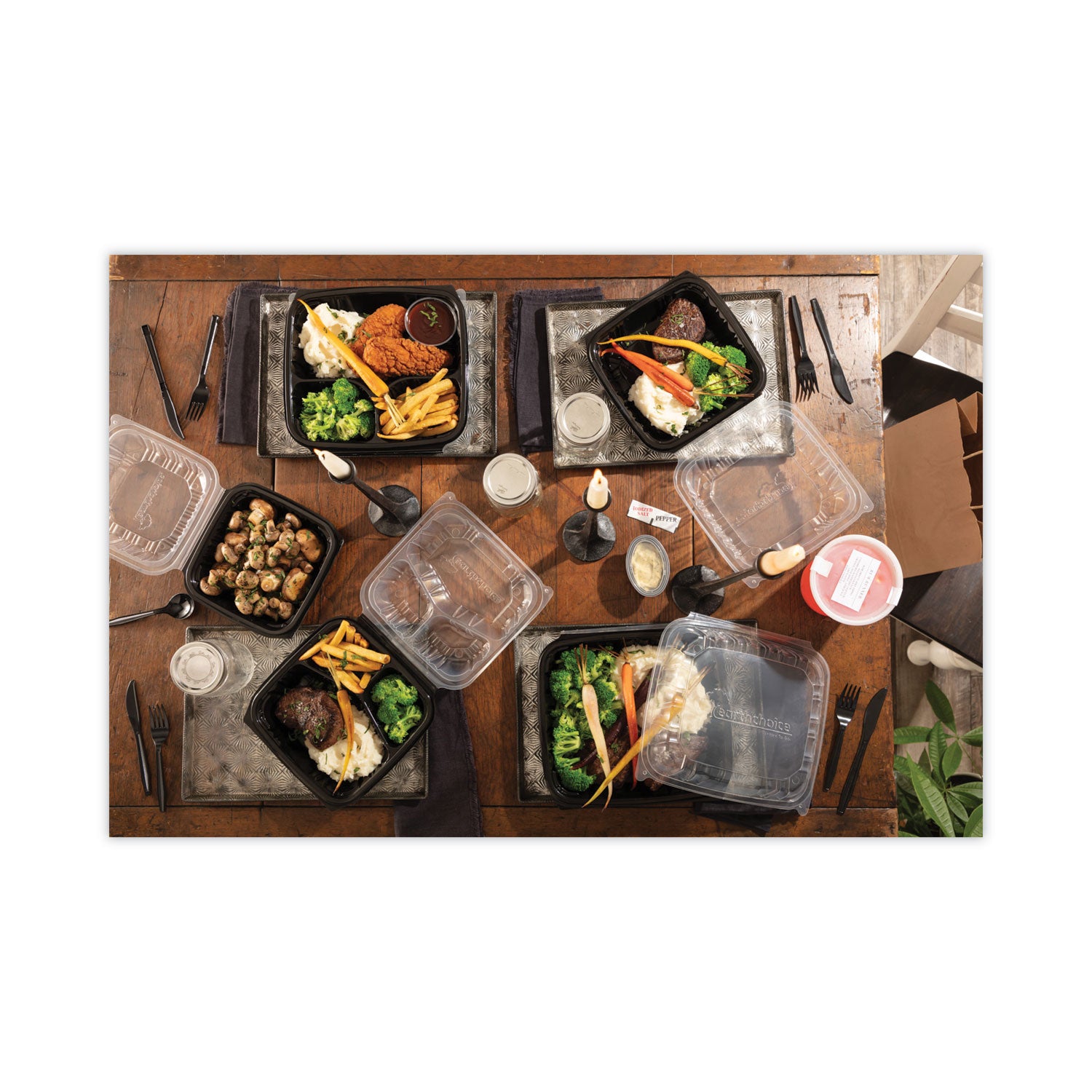 EarthChoice Vented Dual Color Microwavable Hinged Lid Container, 3-Compartment Base/Lid, 34 oz, Black/Clear, Plastic, 132/CT